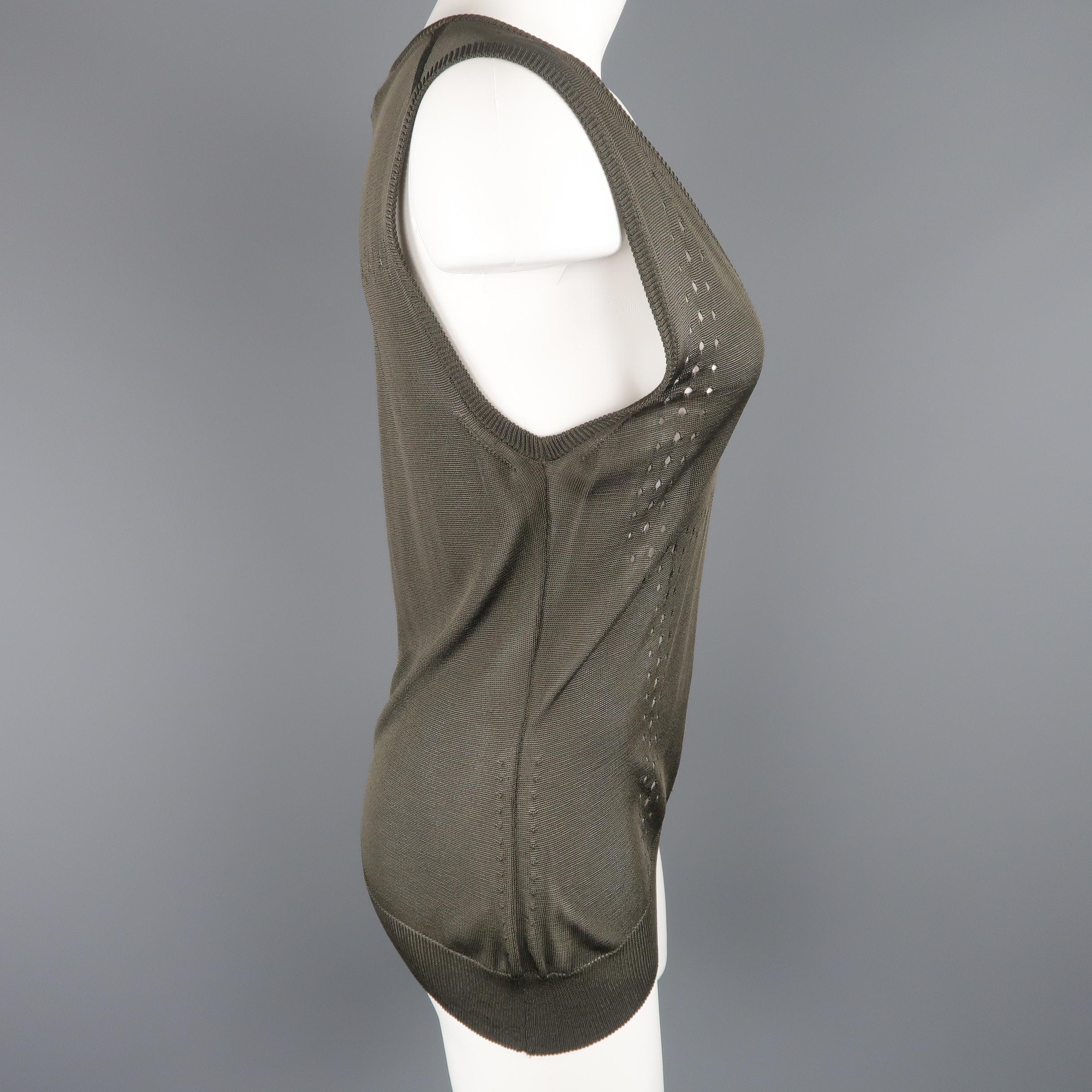 Women's YVES SAINT LAURENT Size L Moss Gray Viscose Mesh Knit V Neck Top
