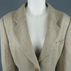 GIORGIO ARMANI Size 12 Beige & Blue Plaid Flax / Silk Blend Blazer Jacket