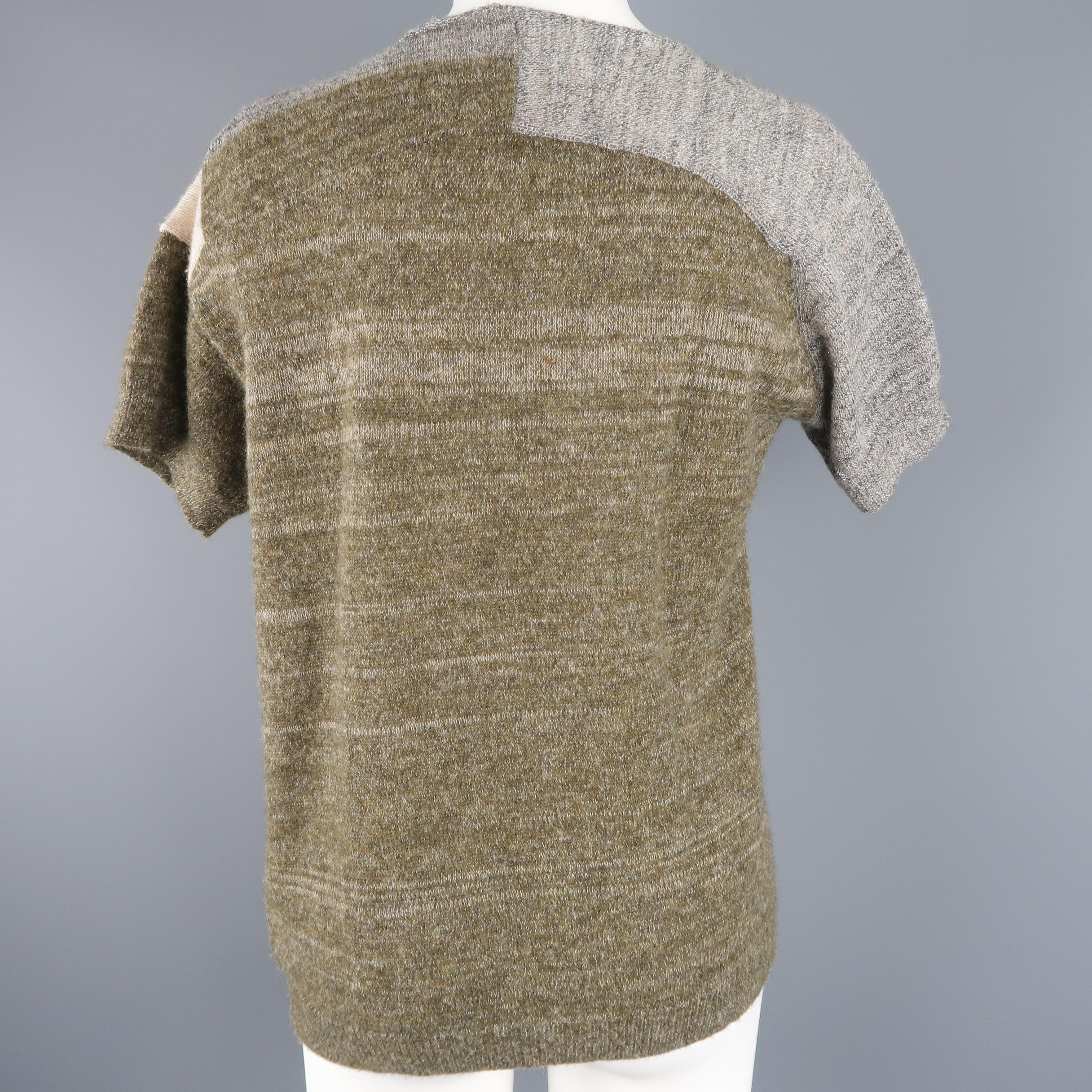 DRIES VAN NOTEN Size S Olive Silver & Beige Wool Blend Short Sleeve Pullover 1