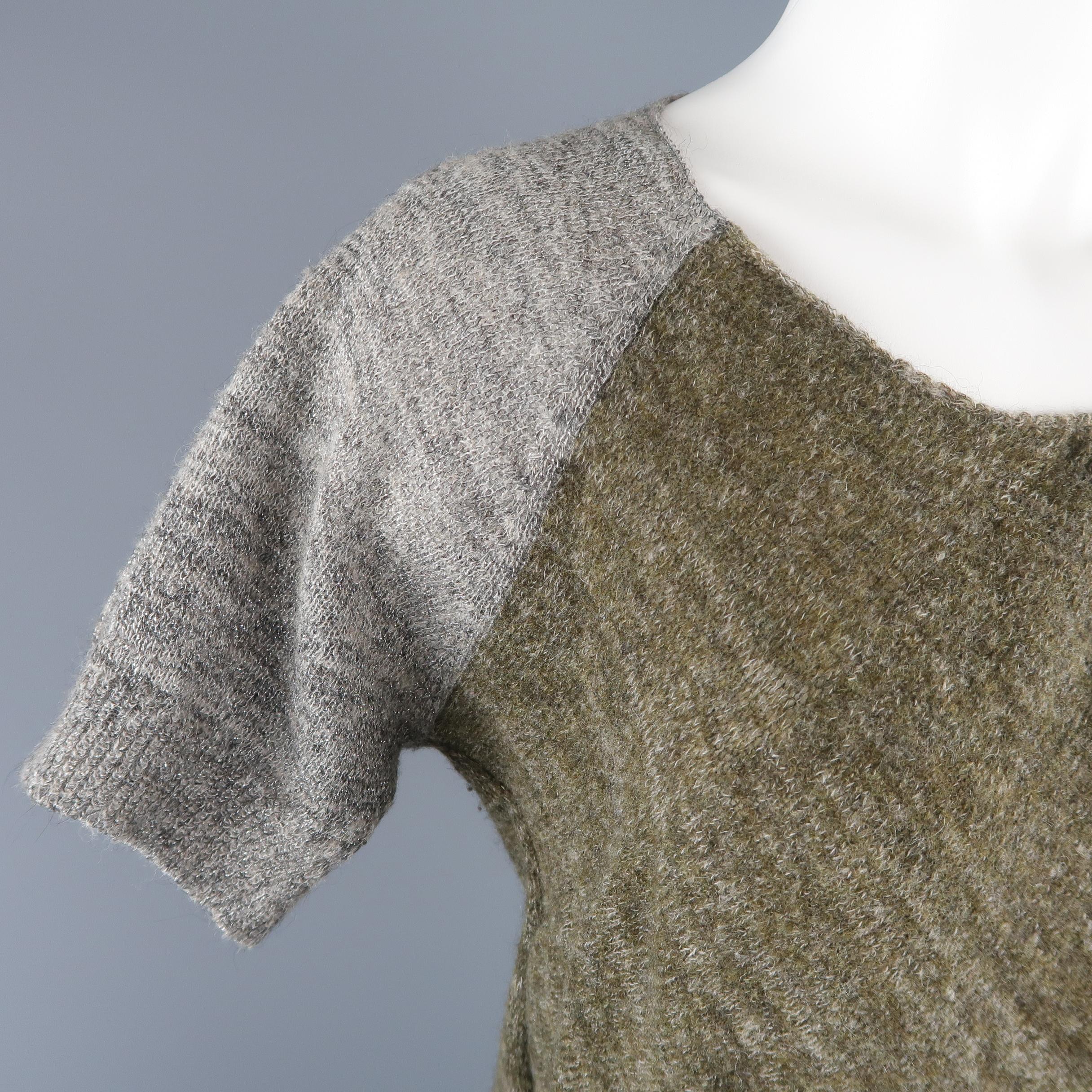 Gray DRIES VAN NOTEN Size S Olive Silver & Beige Wool Blend Short Sleeve Pullover