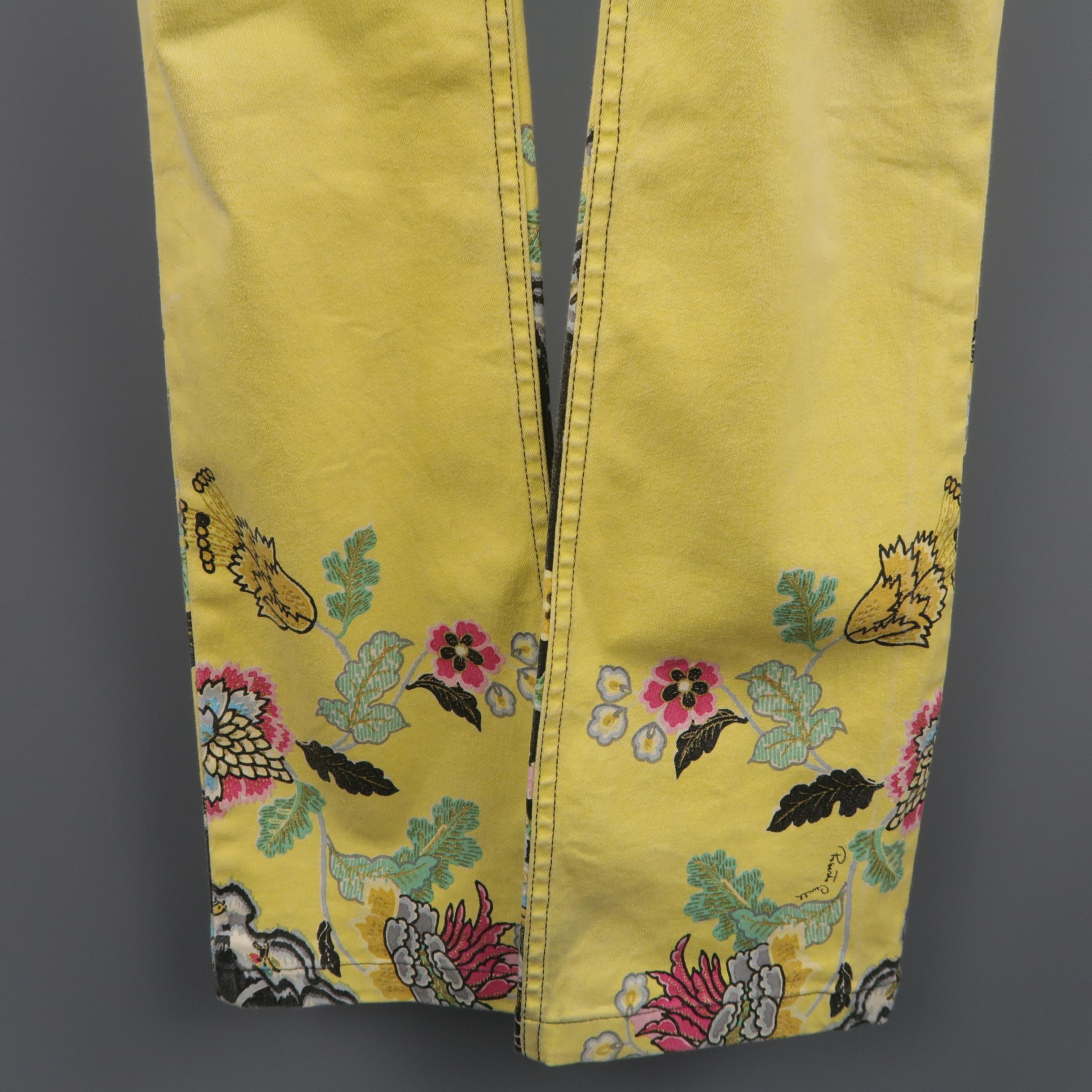 Women's ROBERTO CAVALLI Size S Yellow & Black Floral Print Cotton Blend Jeans