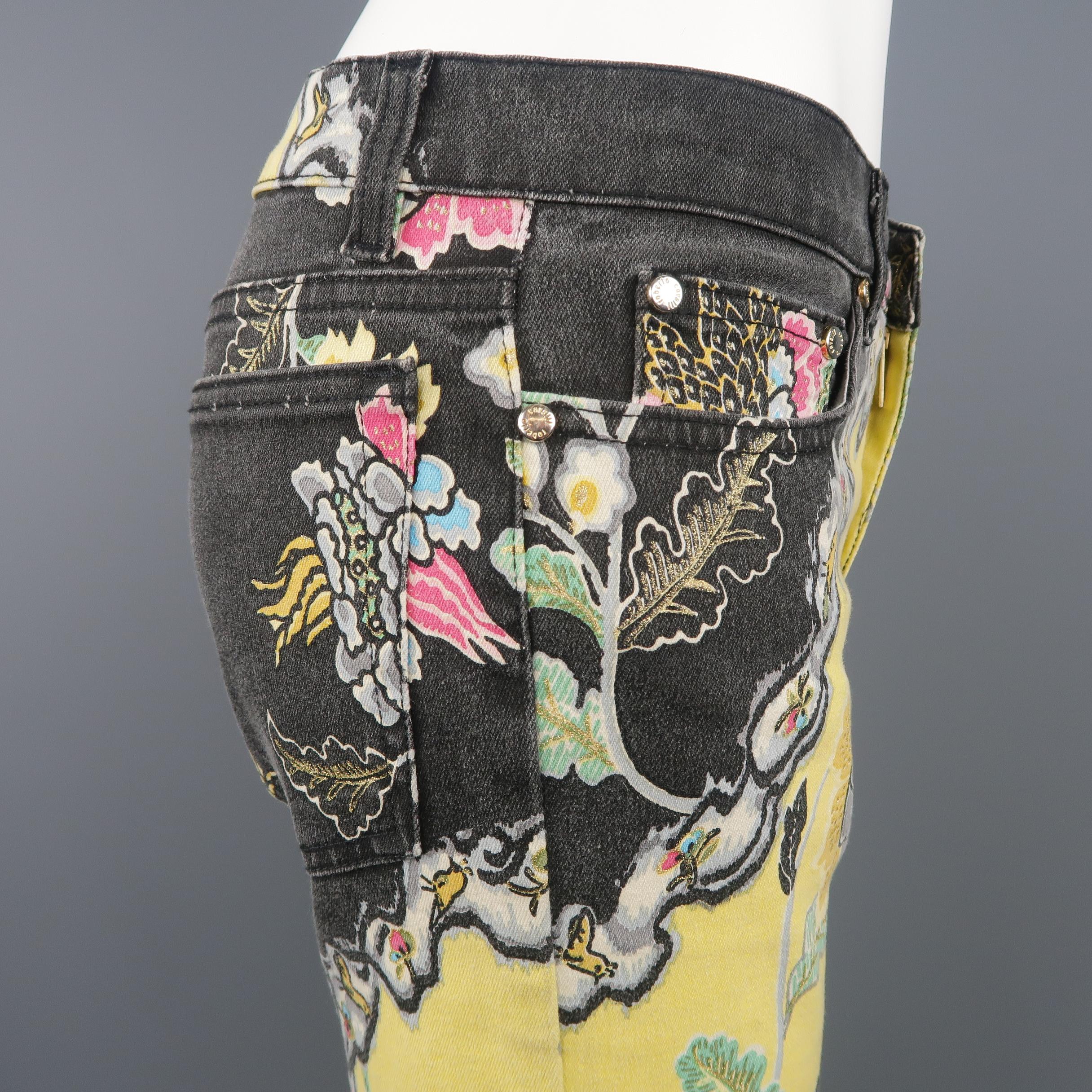 ROBERTO CAVALLI Size S Yellow & Black Floral Print Cotton Blend Jeans 1