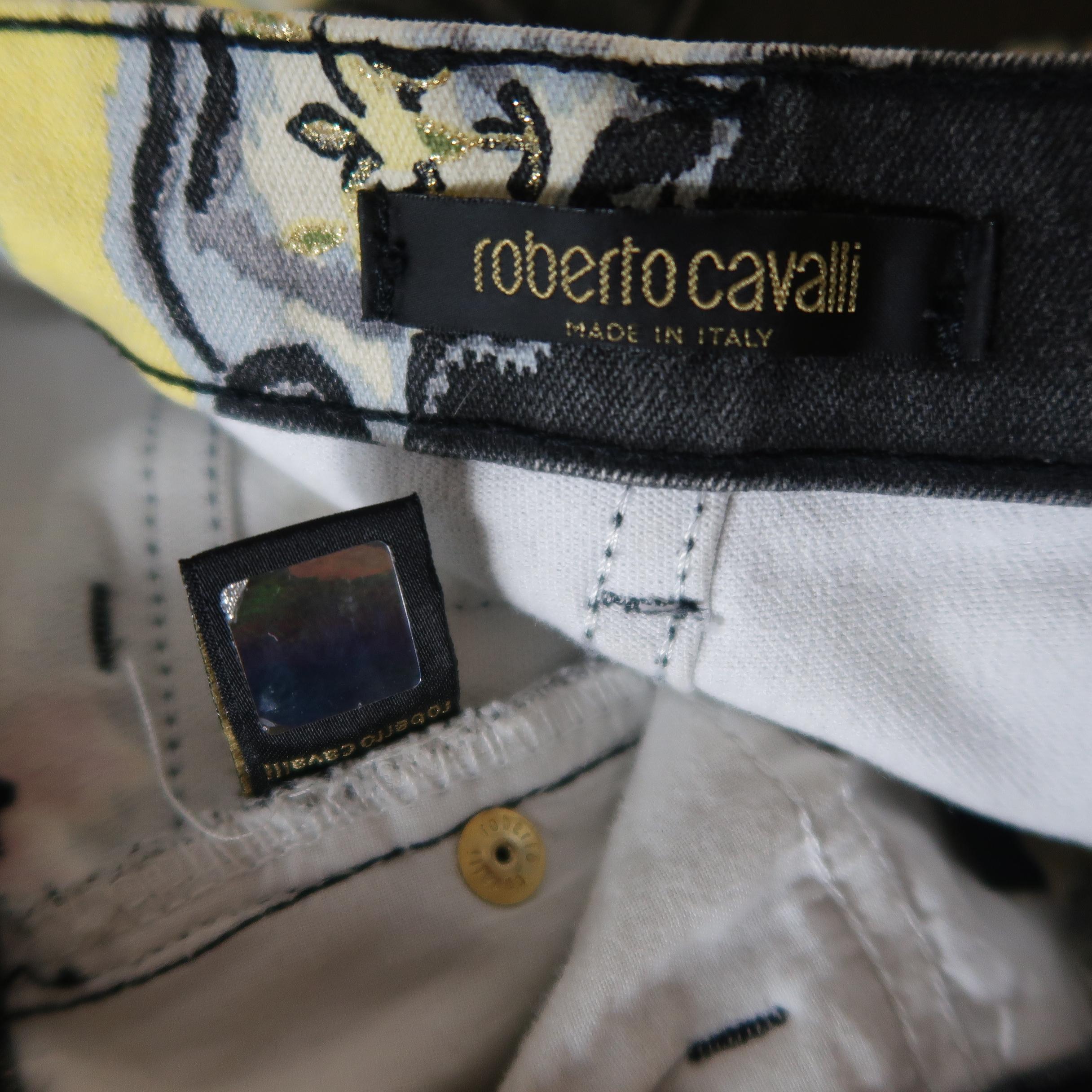 ROBERTO CAVALLI Size S Yellow & Black Floral Print Cotton Blend Jeans 6
