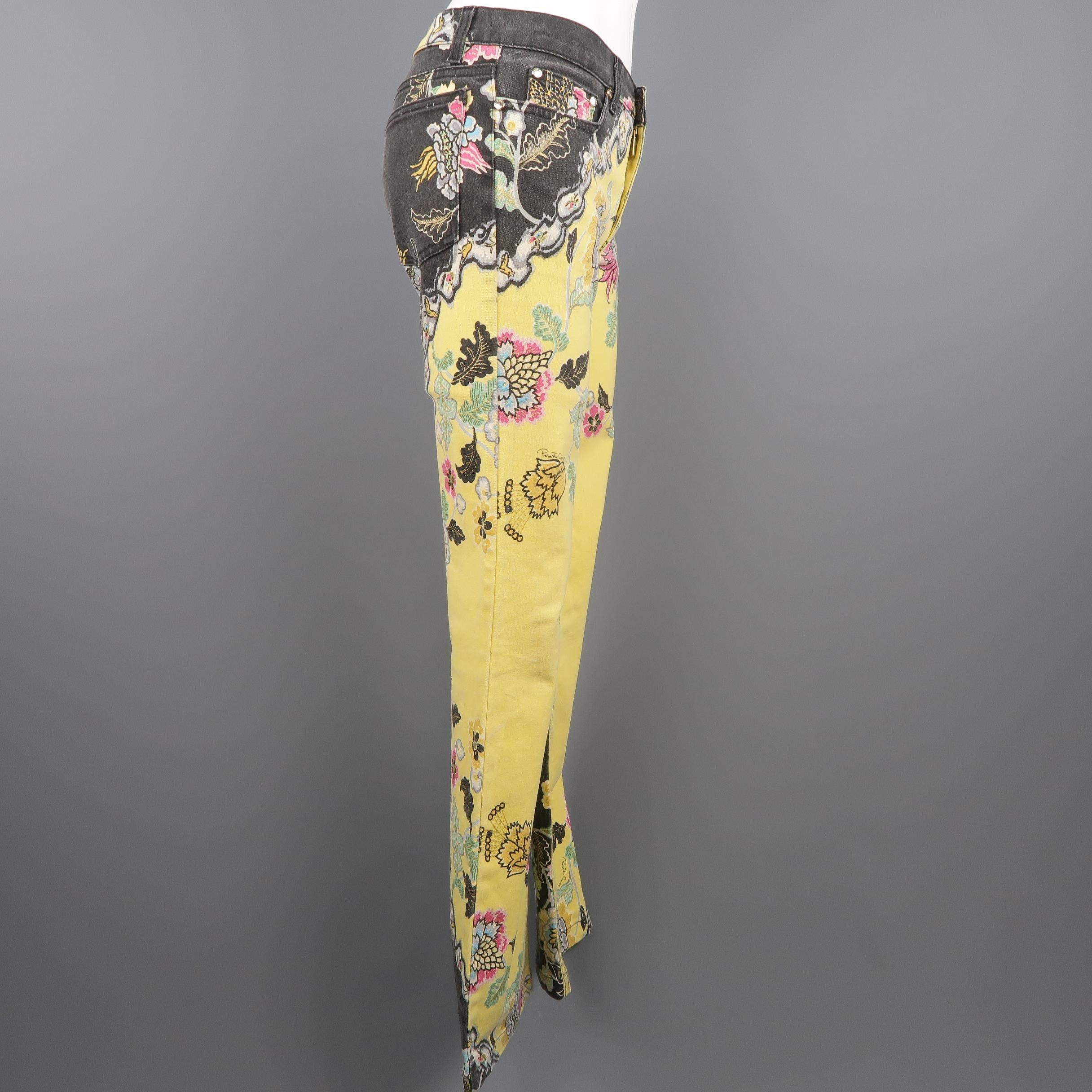 ROBERTO CAVALLI Size S Yellow & Black Floral Print Cotton Blend Jeans 2