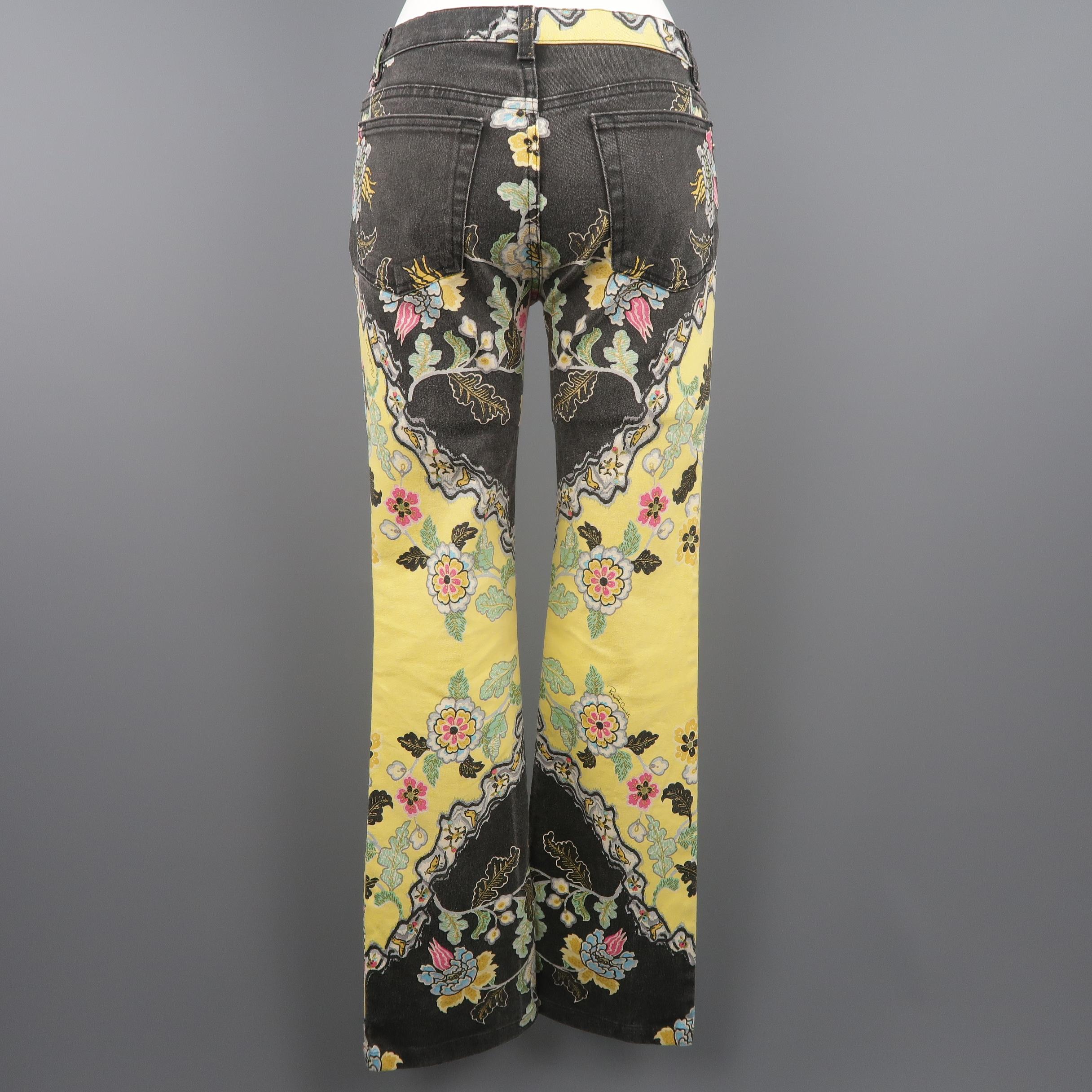 ROBERTO CAVALLI Size S Yellow & Black Floral Print Cotton Blend Jeans 3