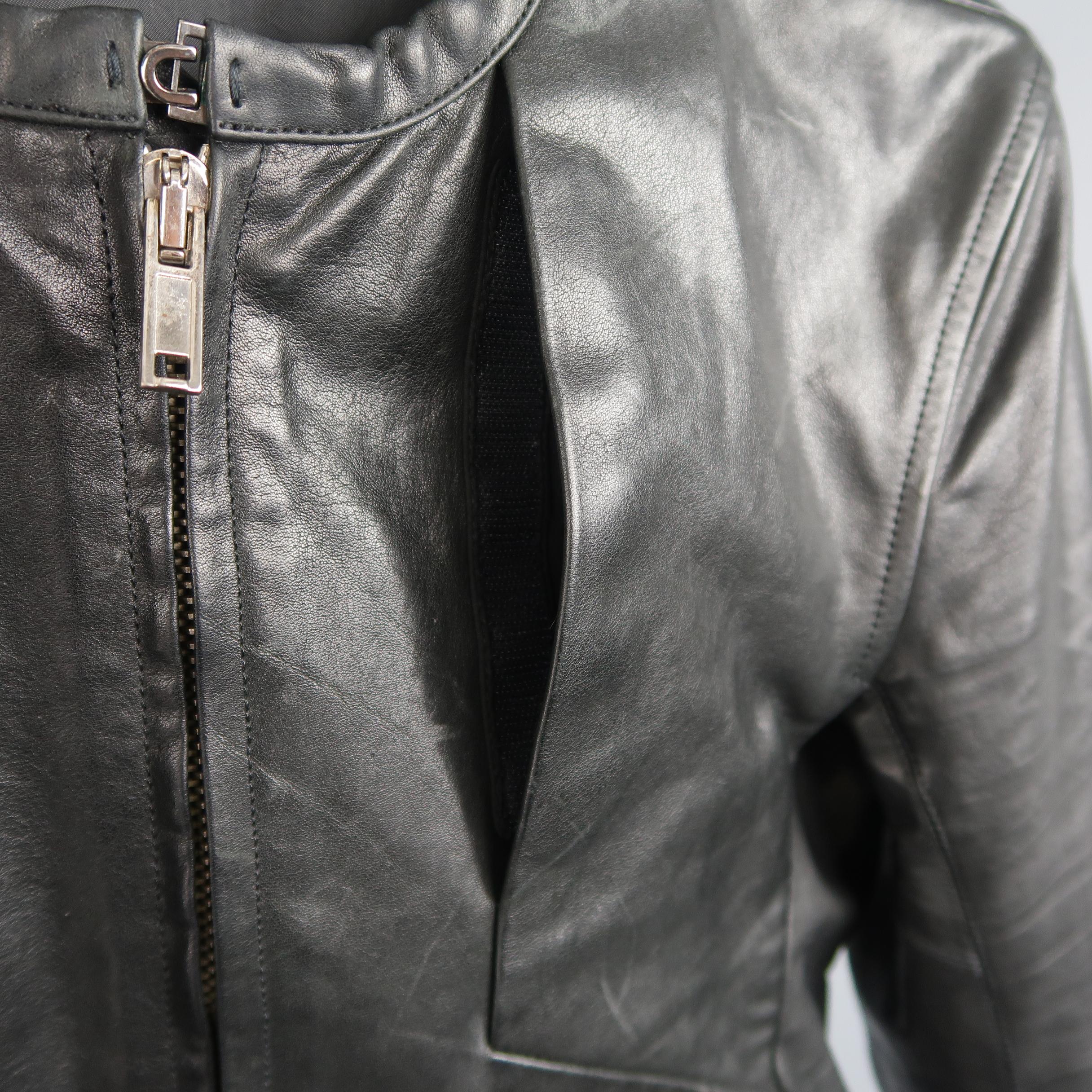 RICK OWENS 36 Black Leather Collarless Biker Jacket In Good Condition In San Francisco, CA