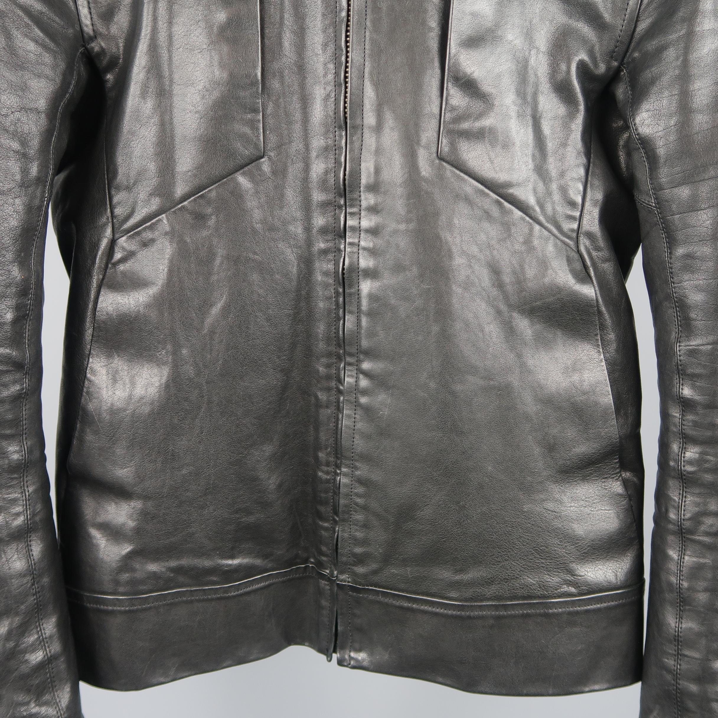 RICK OWENS 36 Black Leather Collarless Biker Jacket 2