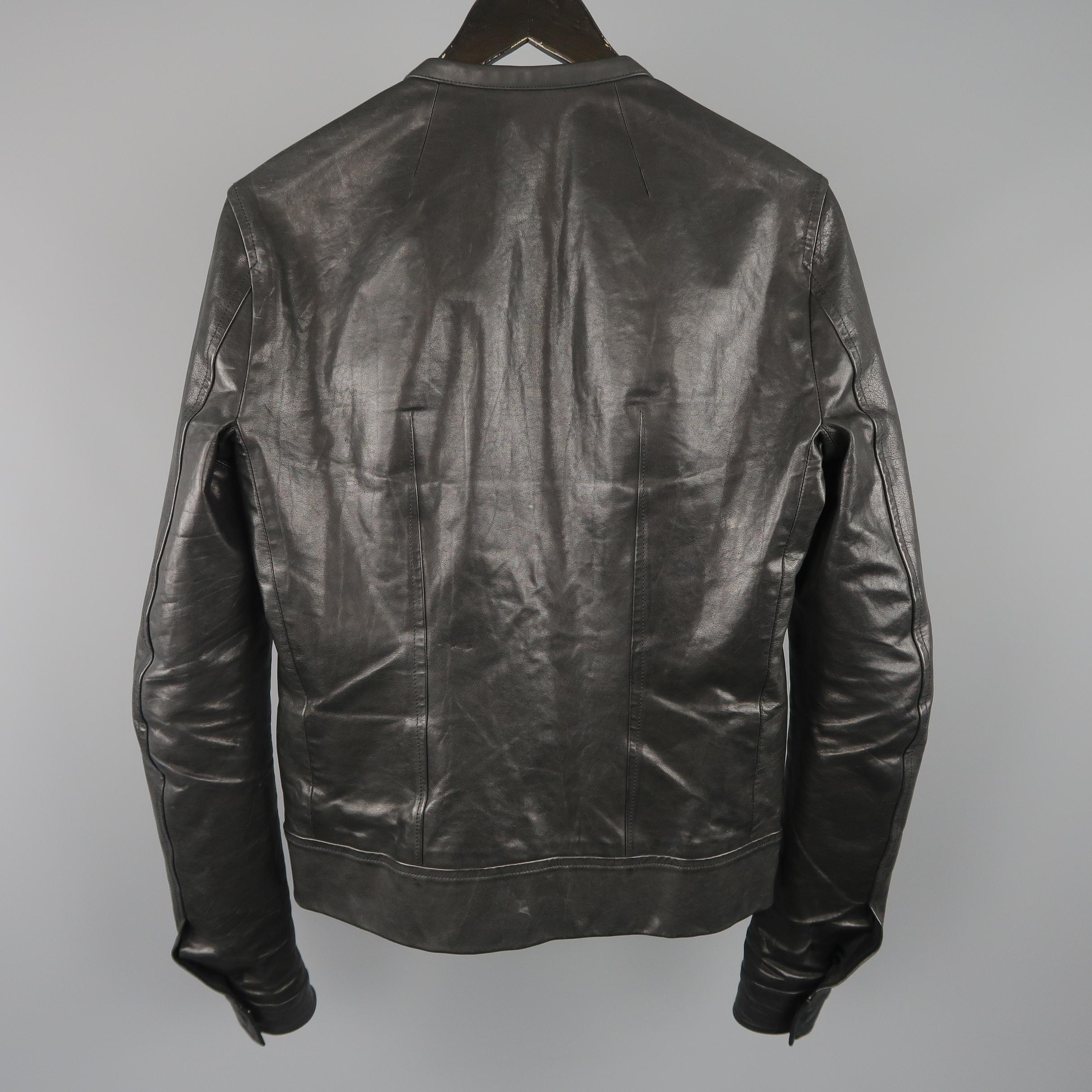 RICK OWENS 36 Black Leather Collarless Biker Jacket 3