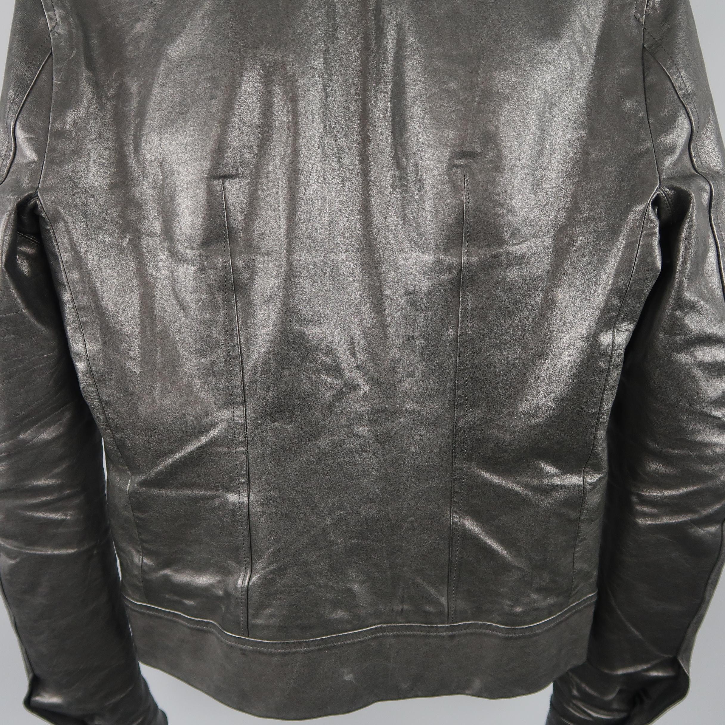 RICK OWENS 36 Black Leather Collarless Biker Jacket 5