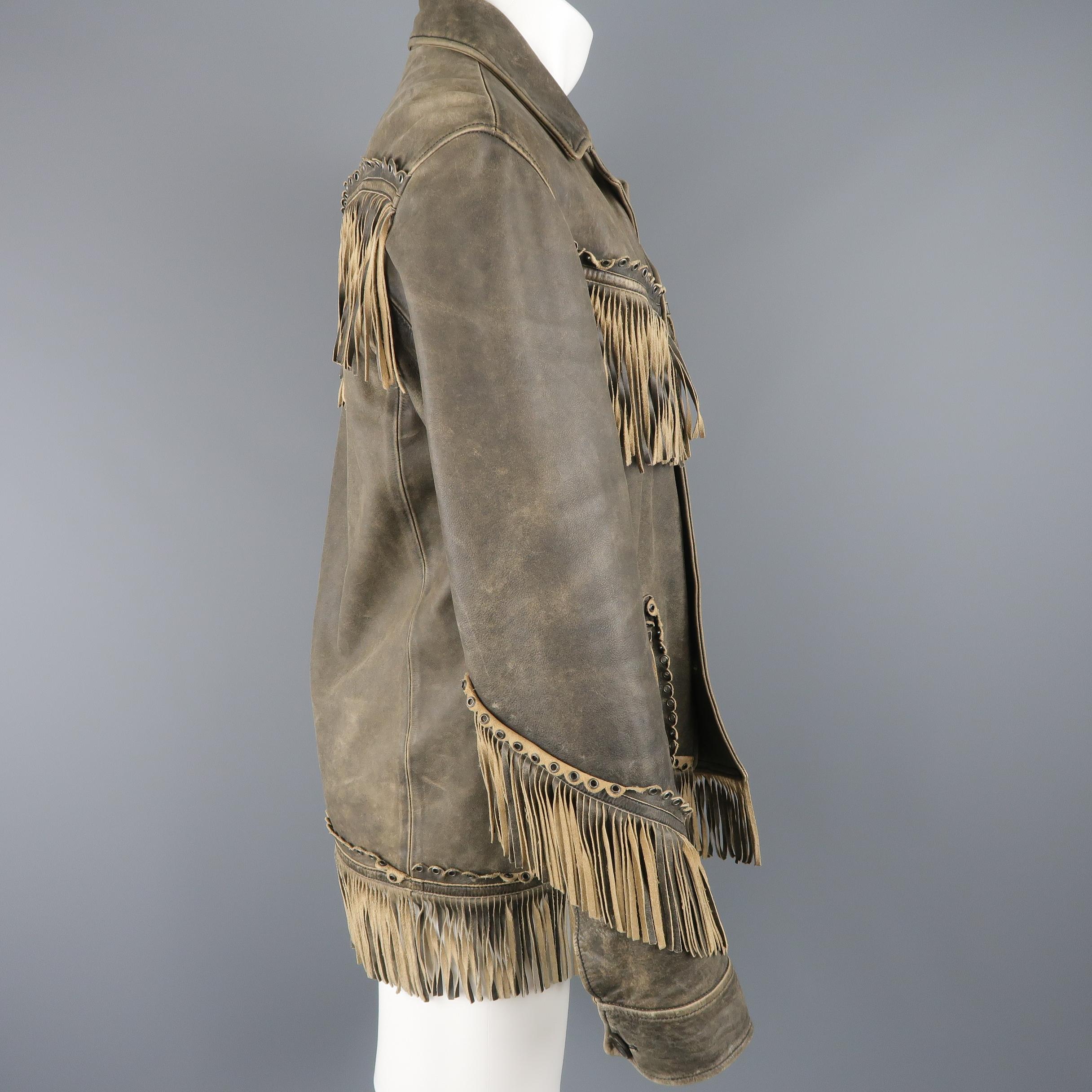 Gray NICOLE FARHI M Taupe Distressed Leather Fringe Jacket / Coat