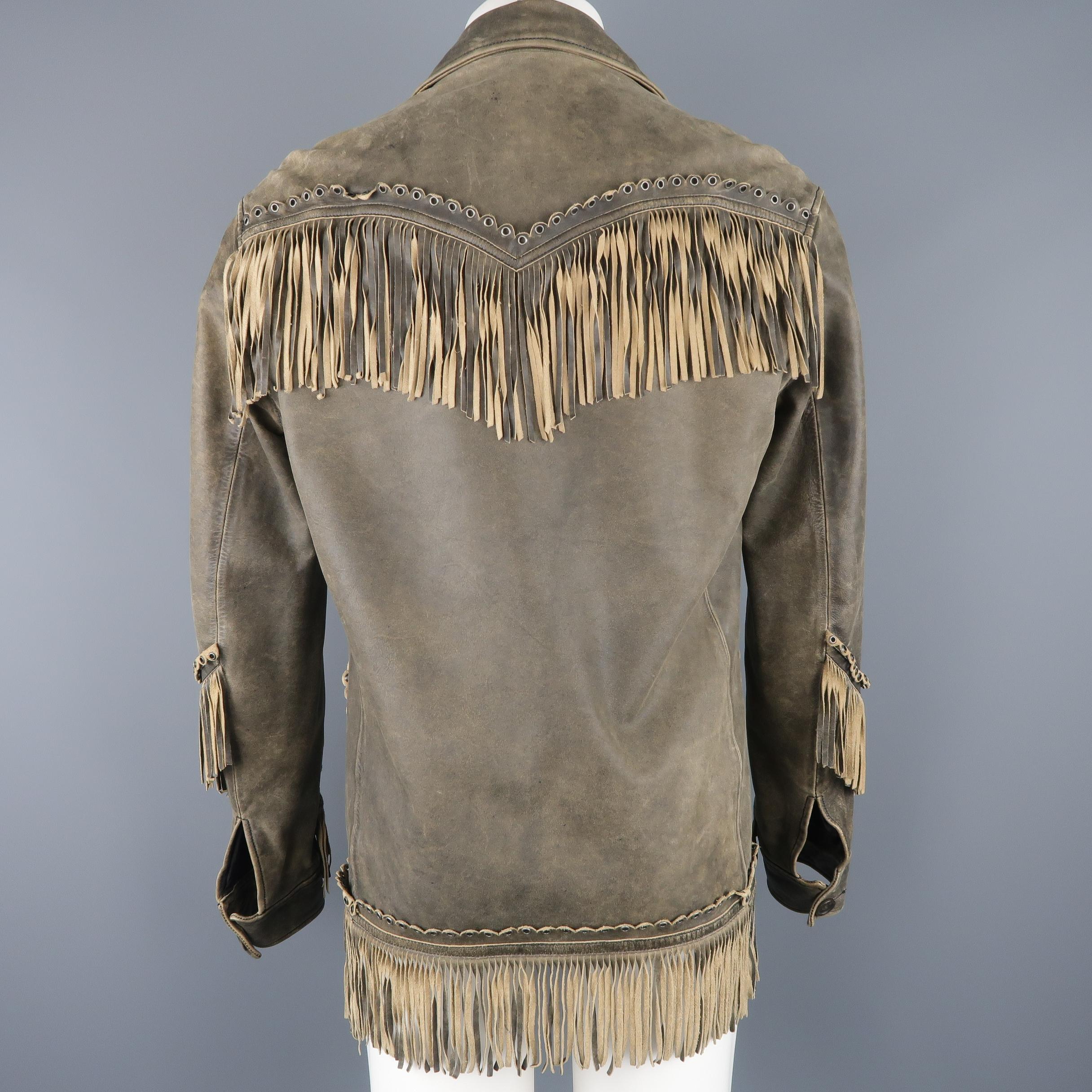 Men's NICOLE FARHI M Taupe Distressed Leather Fringe Jacket / Coat