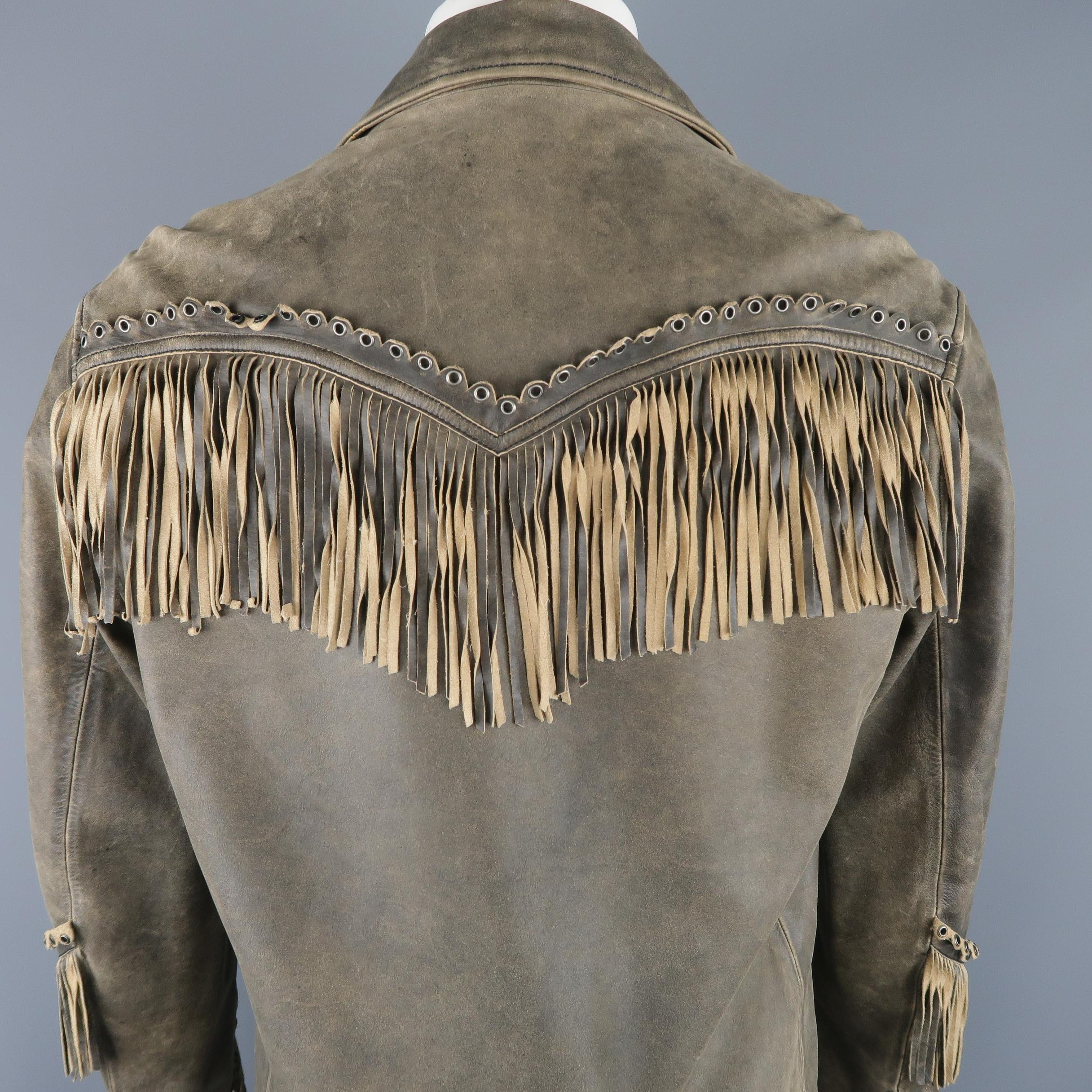 NICOLE FARHI M Taupe Distressed Leather Fringe Jacket / Coat In Good Condition In San Francisco, CA