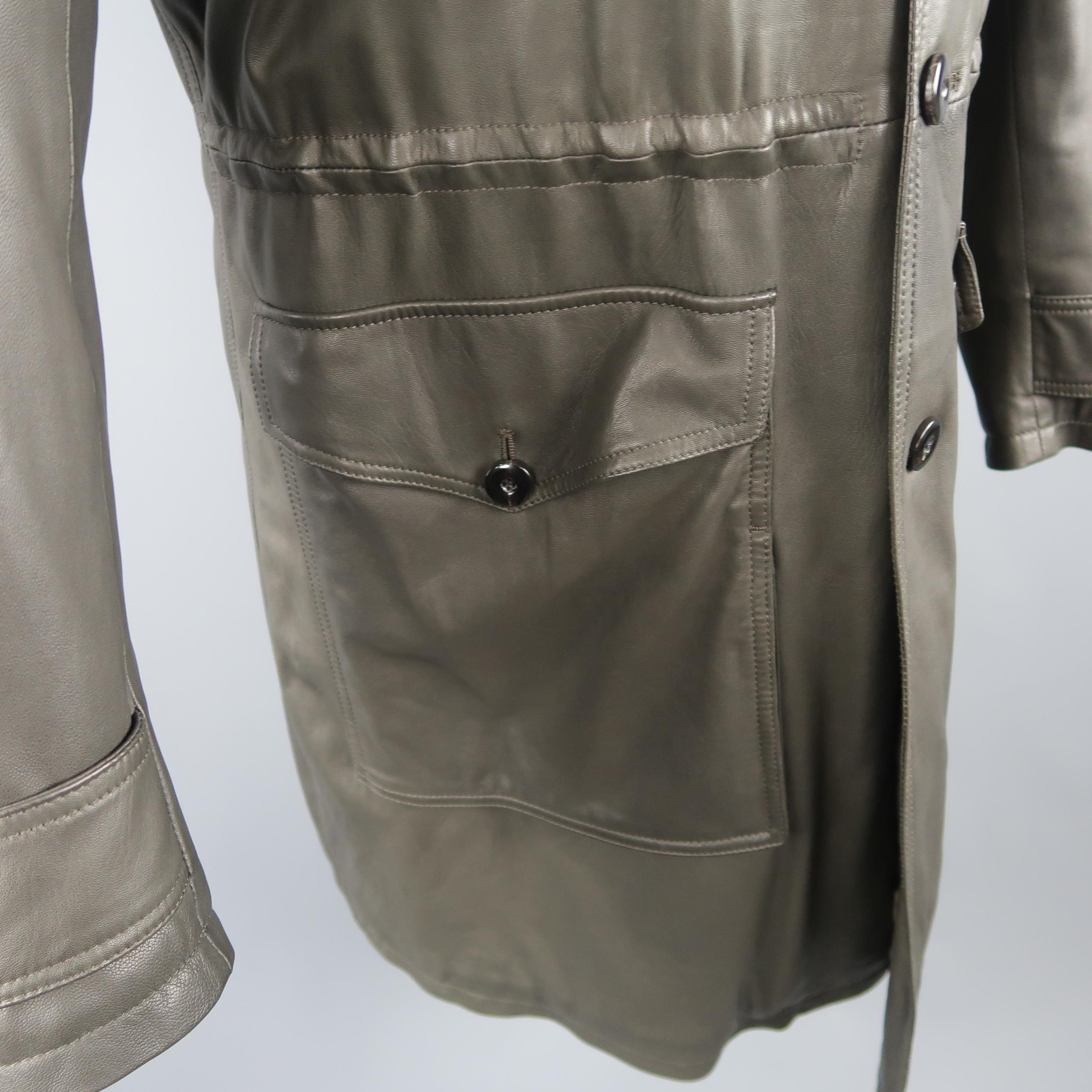 Gray GIORGIO ARMANI 40 Olive Lambskin Leather Drawstring Waist Coat / Leather Jacket
