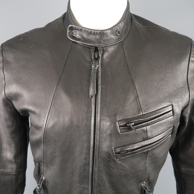 THE VIRIDI-ANNE 38 Black Lambskin Leather Band Collar Motorcycle Jacket ...