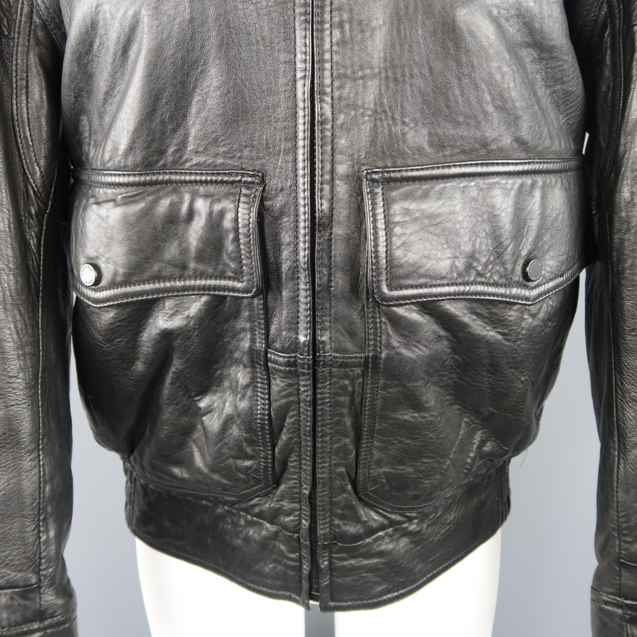 Men's ANDREW MARC S Black Textured Leather Shearling Collar Bomber Jacket / Coat