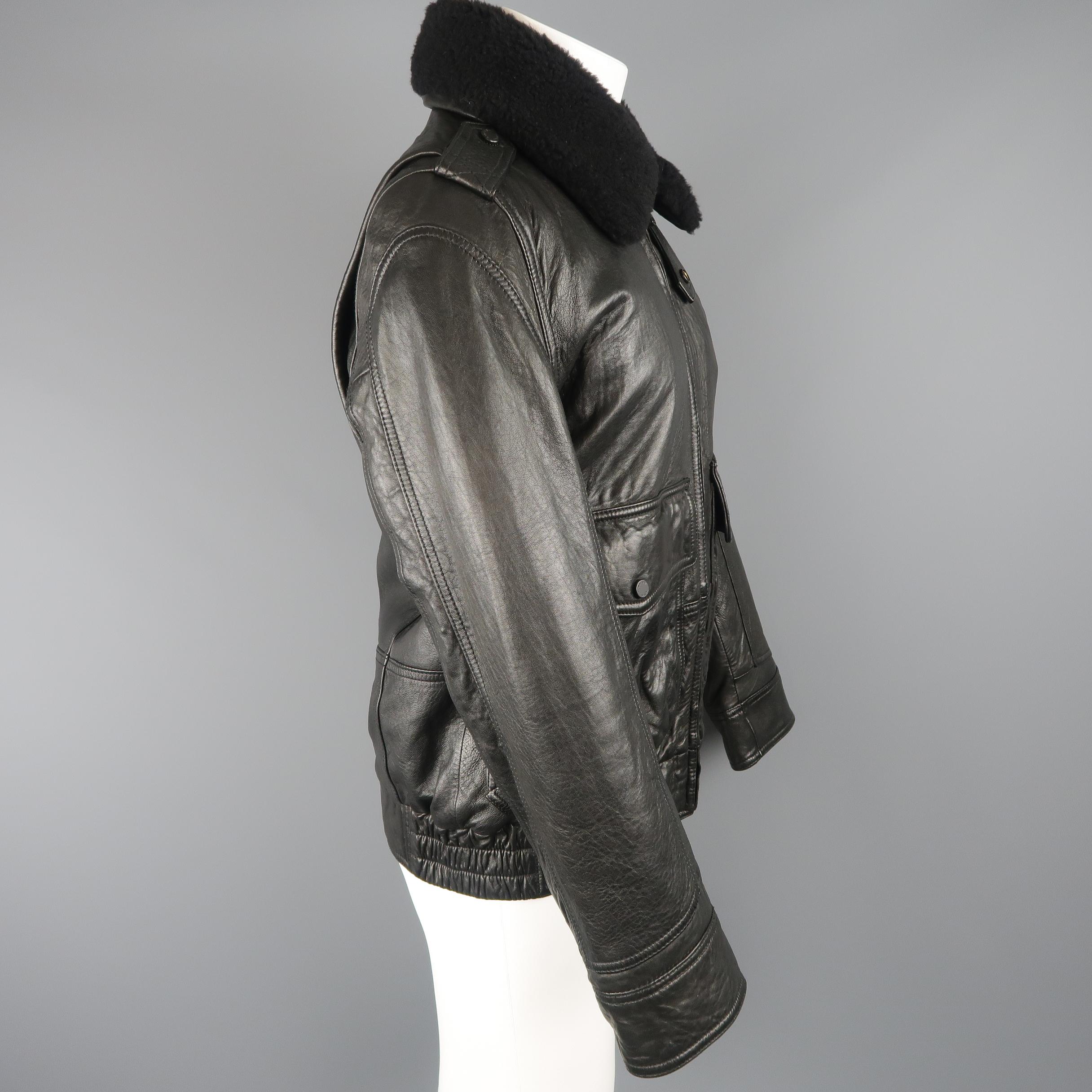 ANDREW MARC S Black Textured Leather Shearling Collar Bomber Jacket / Coat 1