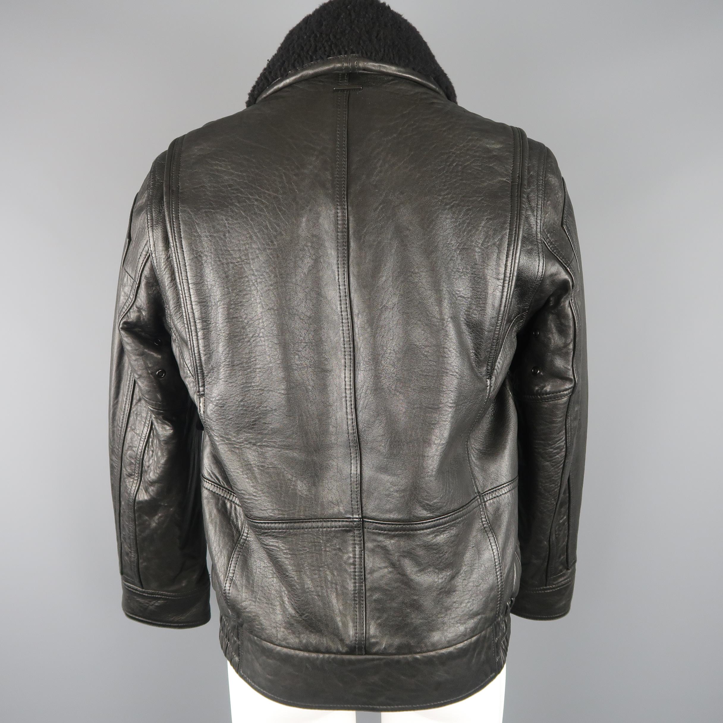 ANDREW MARC S Black Textured Leather Shearling Collar Bomber Jacket / Coat 2