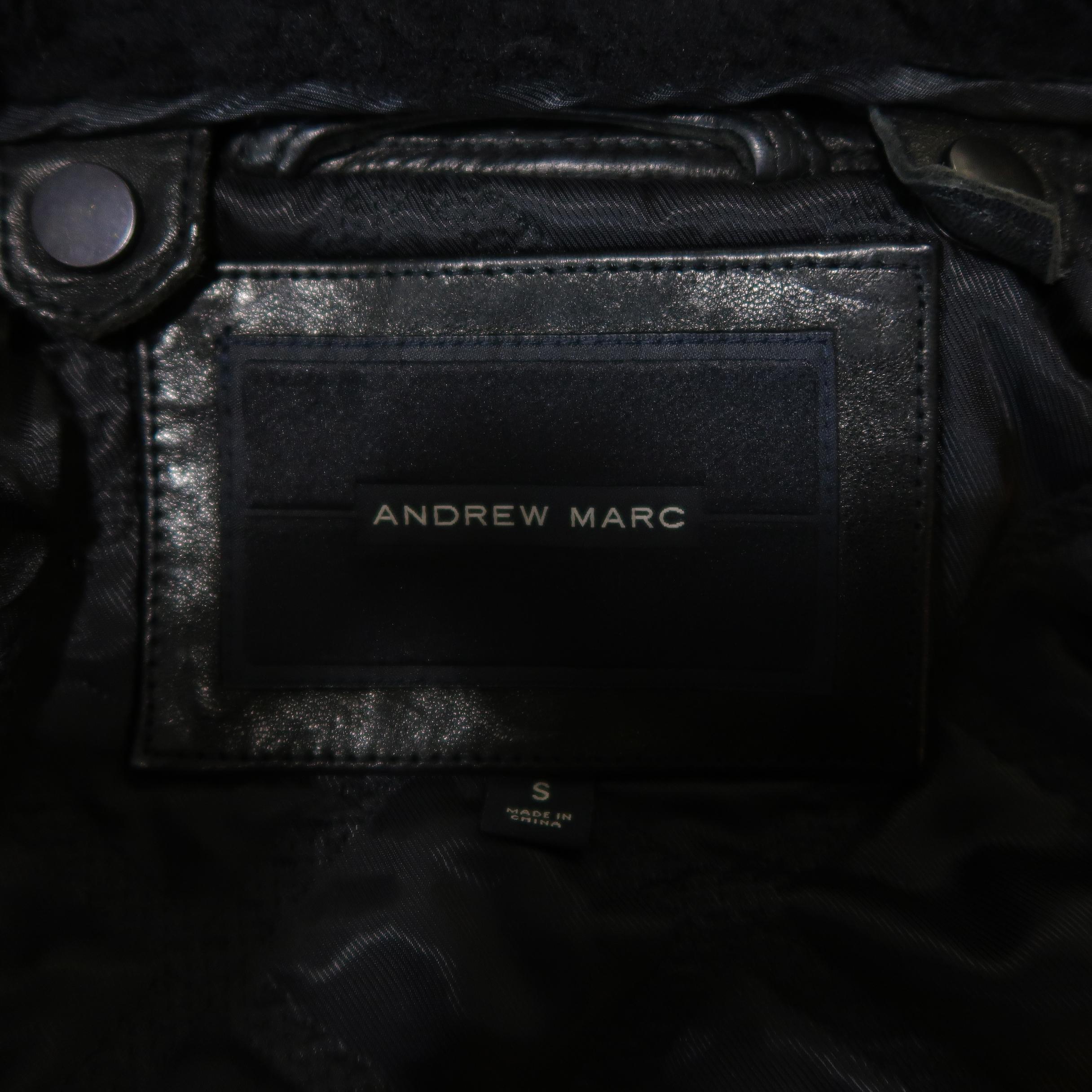 ANDREW MARC S Black Textured Leather Shearling Collar Bomber Jacket / Coat 3