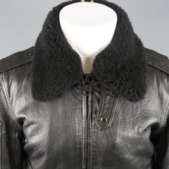 ANDREW MARC S Black Textured Leather Shearling Collar Bomber Jacket / Coat