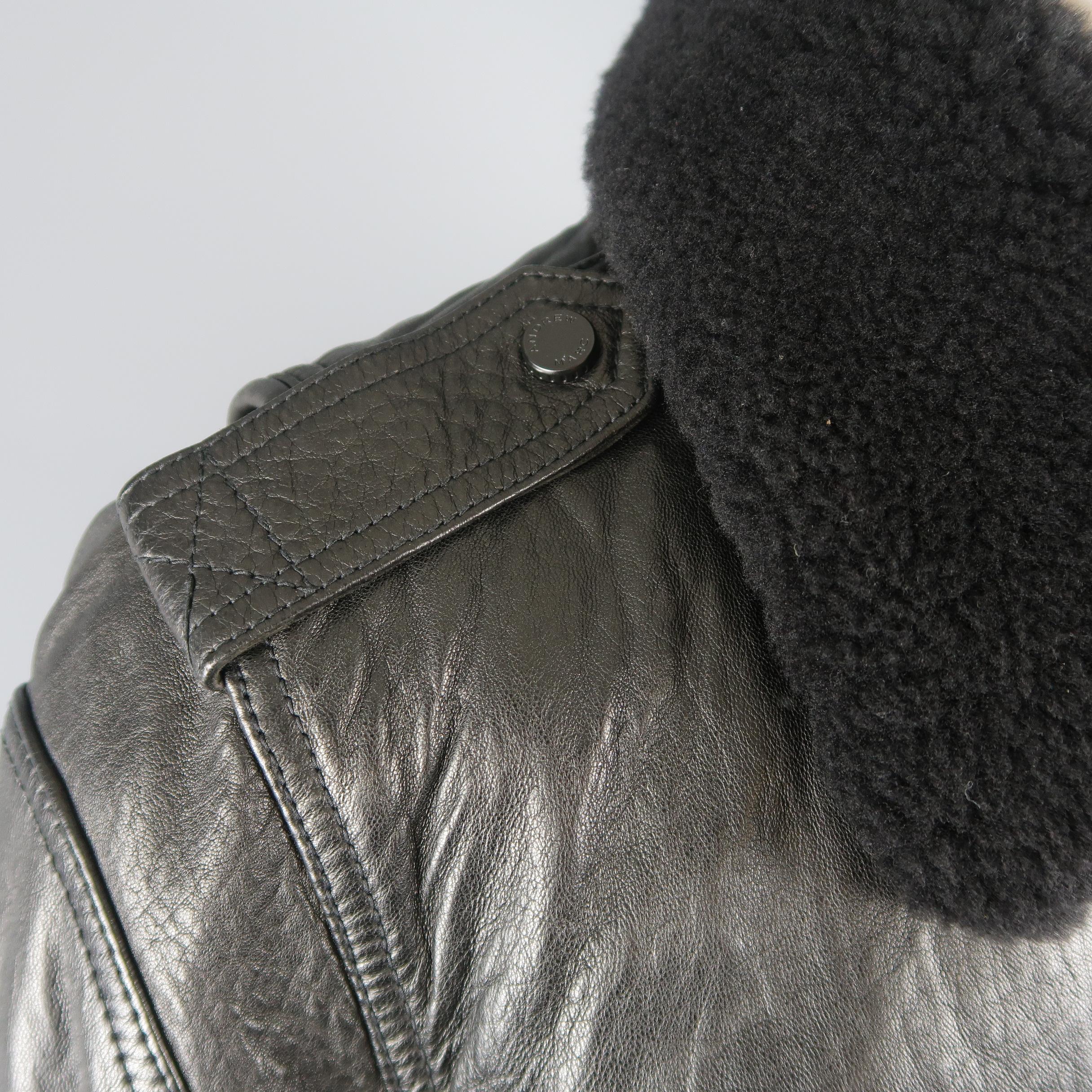 ANDREW MARC S Black Textured Leather Shearling Collar Bomber Jacket / Coat In Excellent Condition In San Francisco, CA