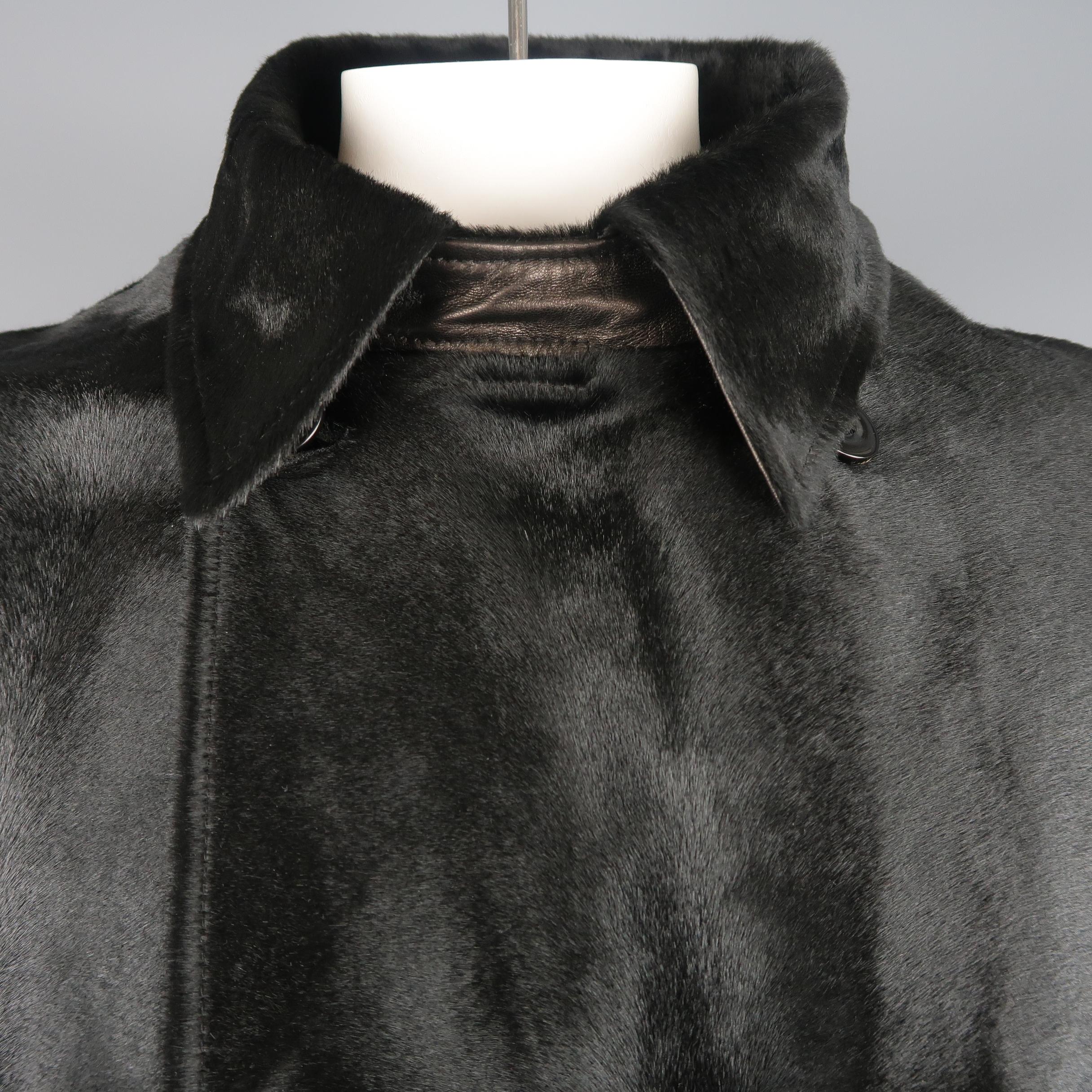 ARMANI COLLEZIONI 46 Black Ponyhair Leather Double Breasted Collared Jacket In Excellent Condition In San Francisco, CA