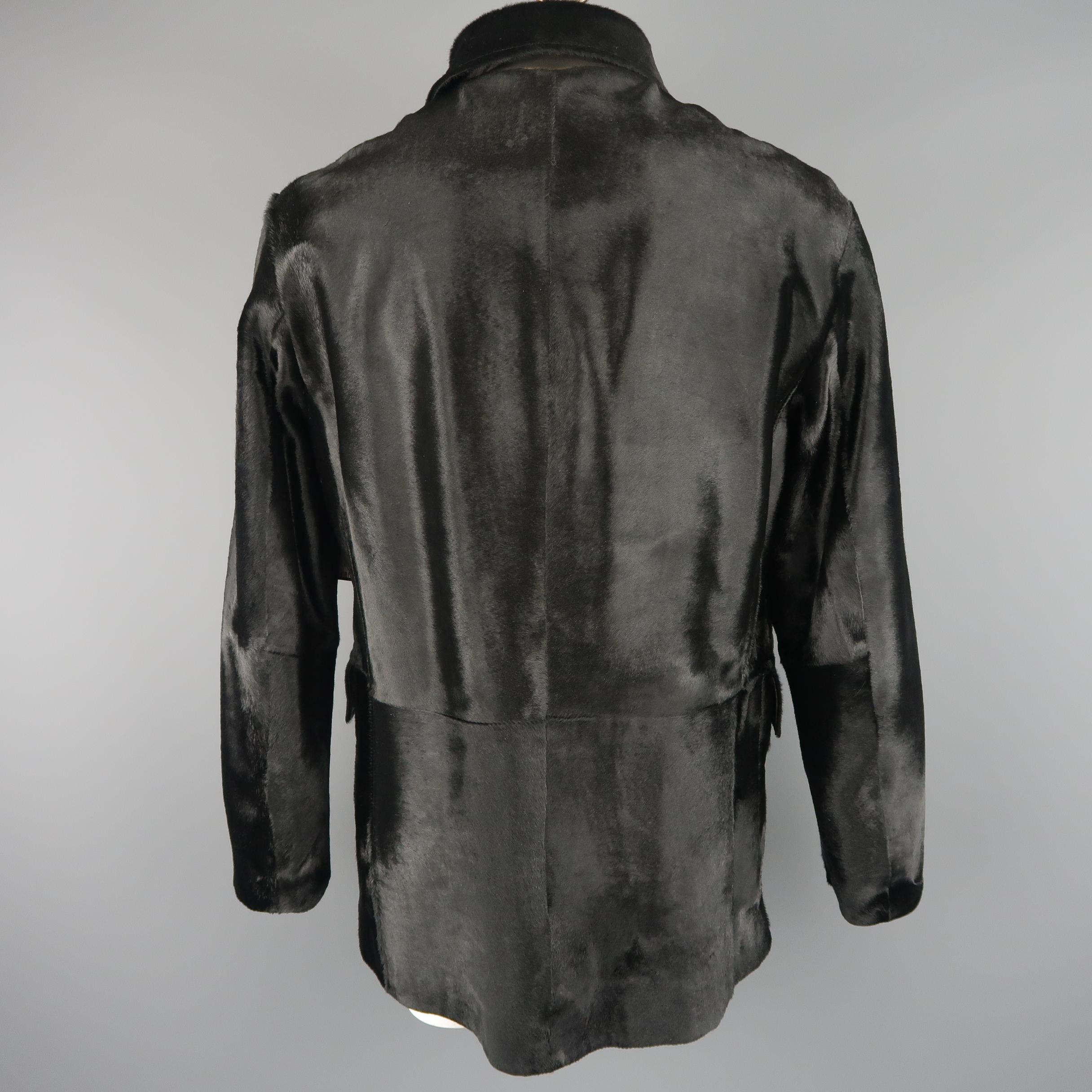 ARMANI COLLEZIONI 46 Black Ponyhair Leather Double Breasted Collared Jacket 3