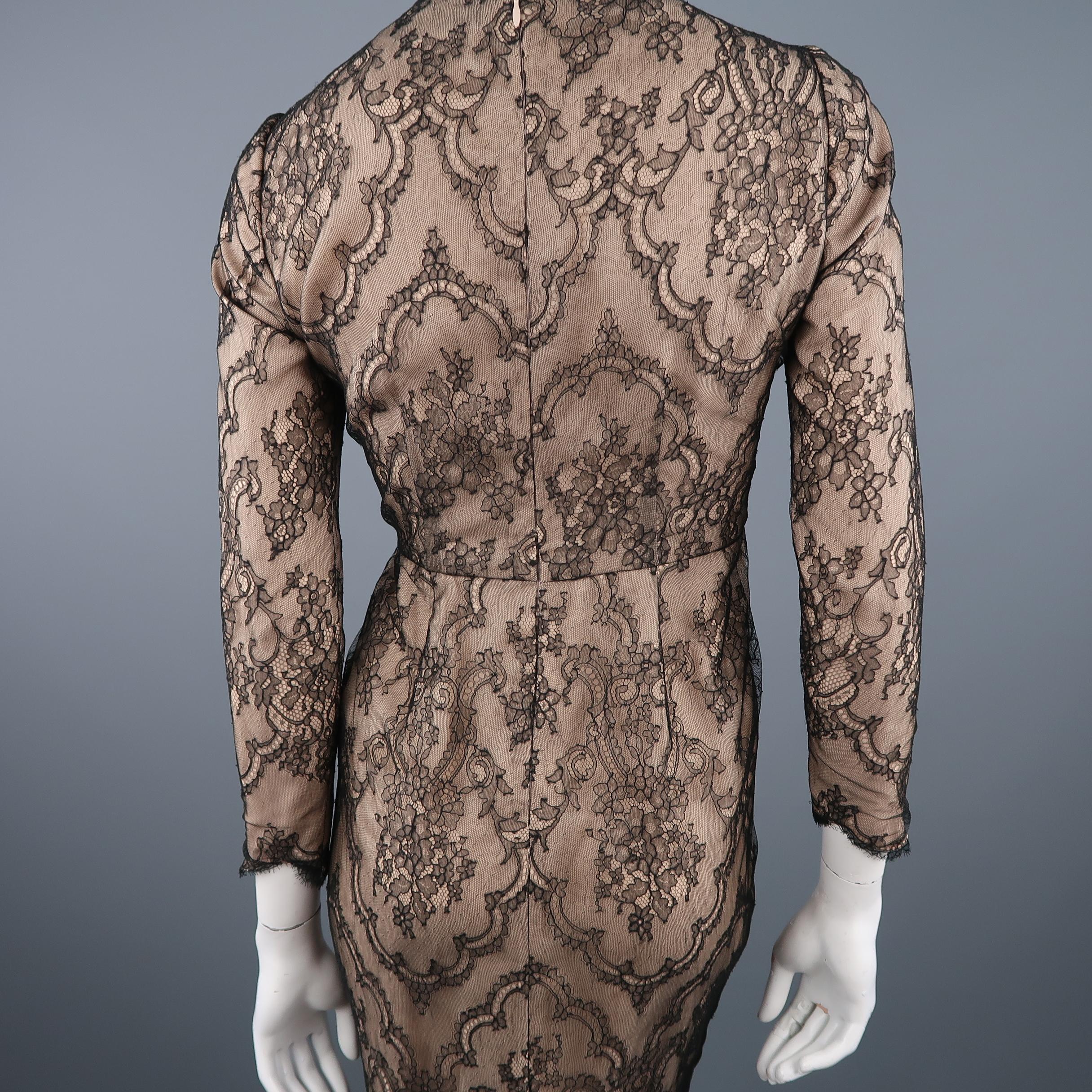 DENNIS BASSO Size 4 Beige Black Lace Overlay Long Sleeve Cocktail Dress In Excellent Condition In San Francisco, CA