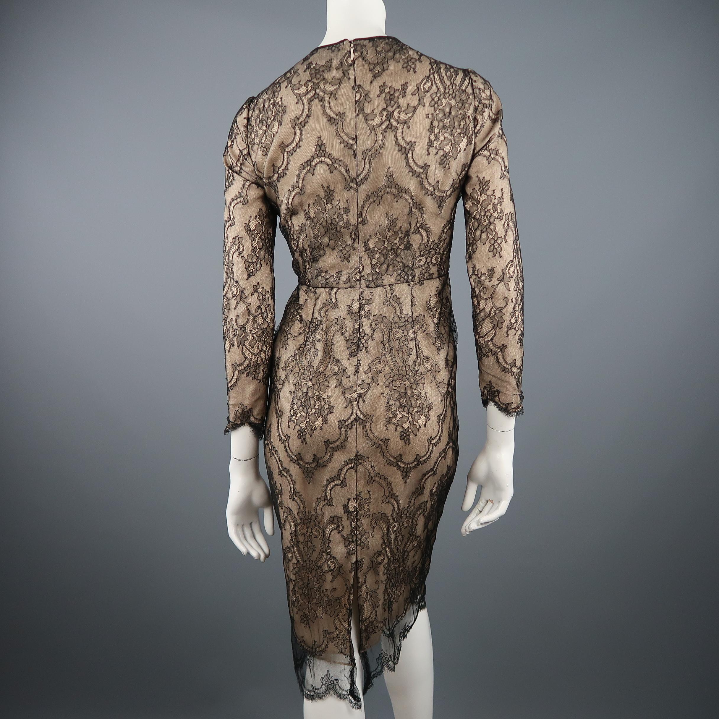 Brown DENNIS BASSO Size 4 Beige Black Lace Overlay Long Sleeve Cocktail Dress