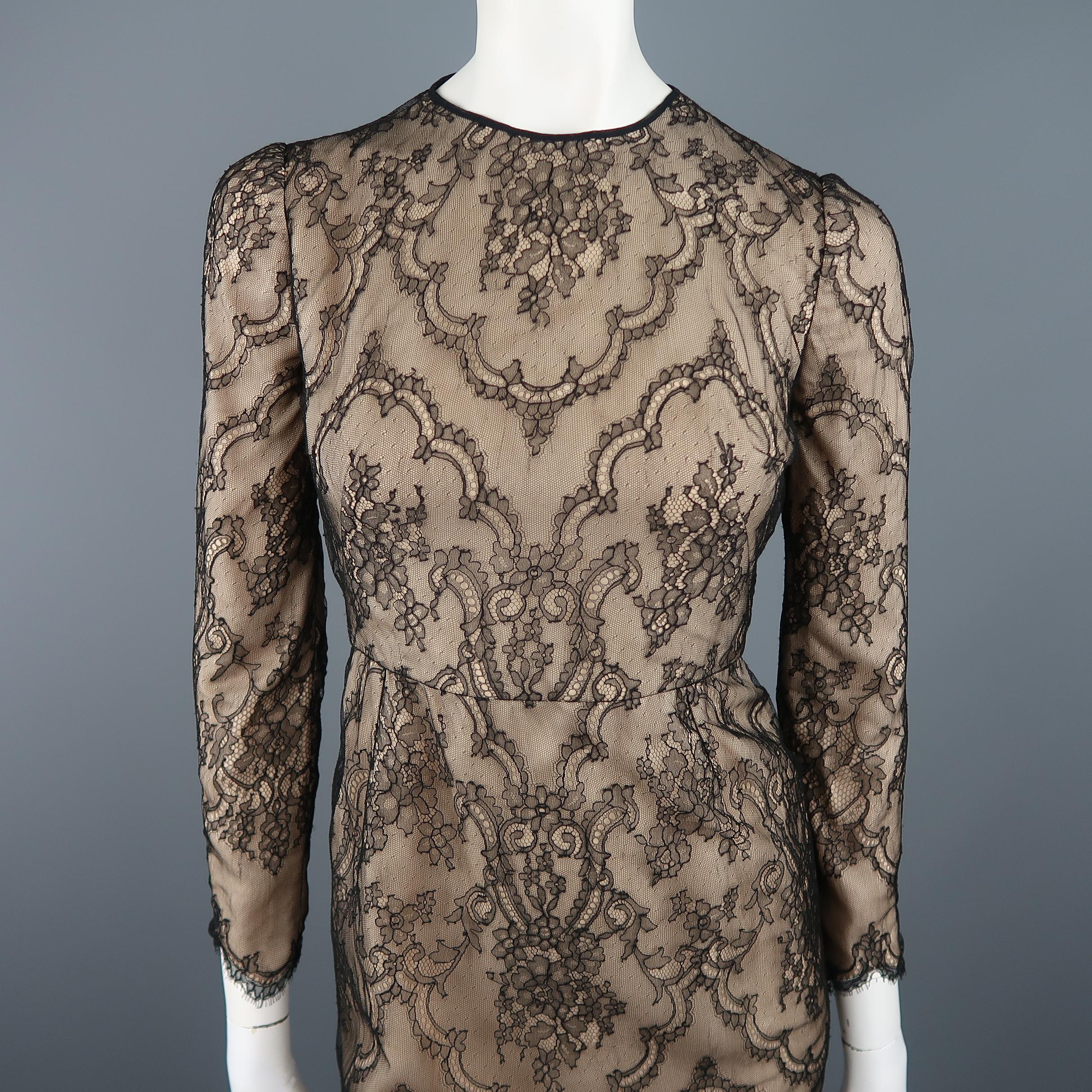 DENNIS BASSO shift dress comes in beige satin with a black lace overlay, round neckline, long sleeves, and midi pencil skirt. Made in NYC.
 
Excellent Pre-Owned Condition.
Marked: 4
 
Measurements:
 
Shoulder: 14 in.
Bust 34 in.
Waist: 26 in.
Hip: