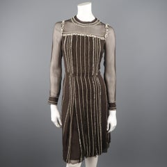 PRADA Size 4 Brown Silk Rhinestone Studded Contrast Stitching Cocktail Dress