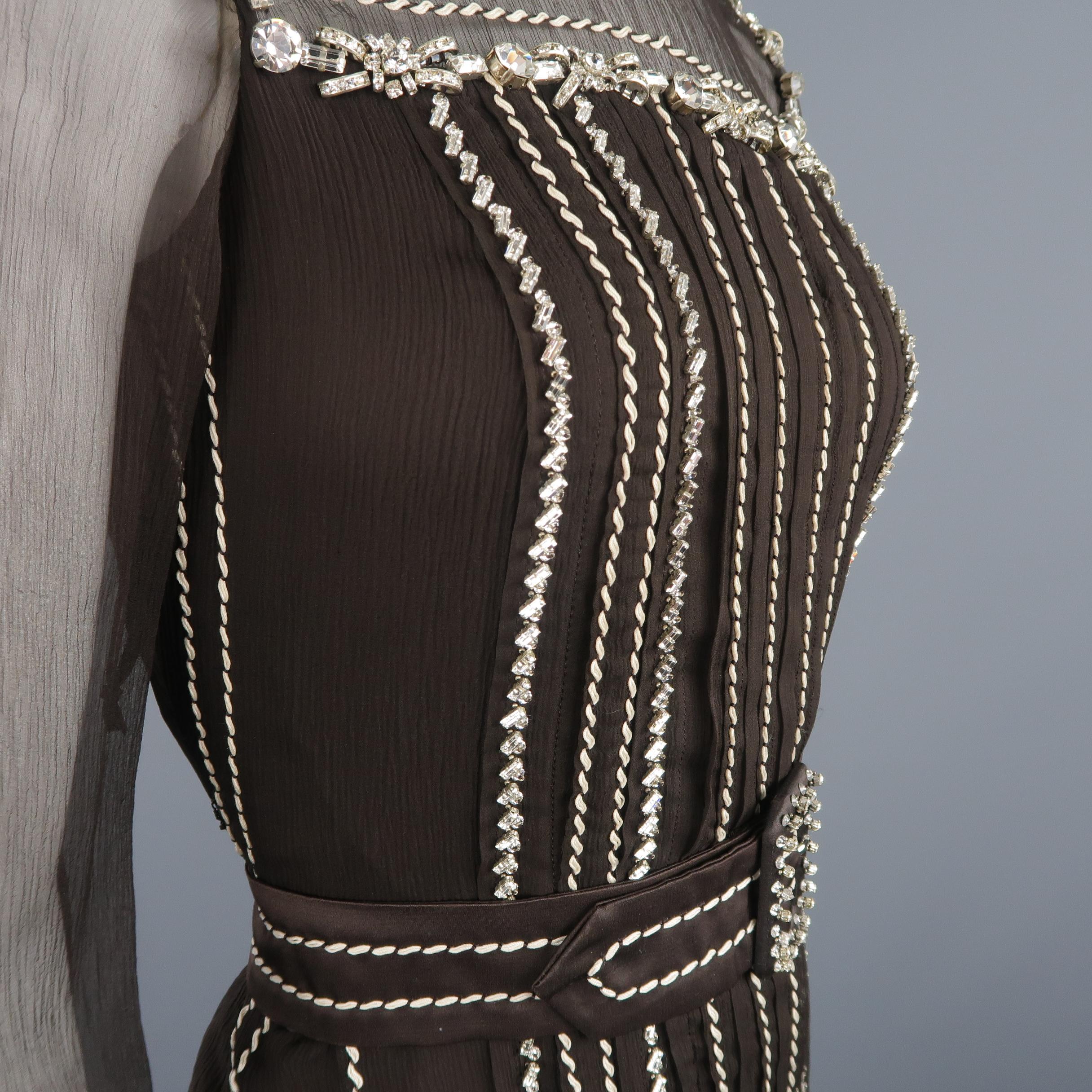 PRADA Size 4 Brown Silk Rhinestone Studded Contrast Stitching Cocktail Dress 3