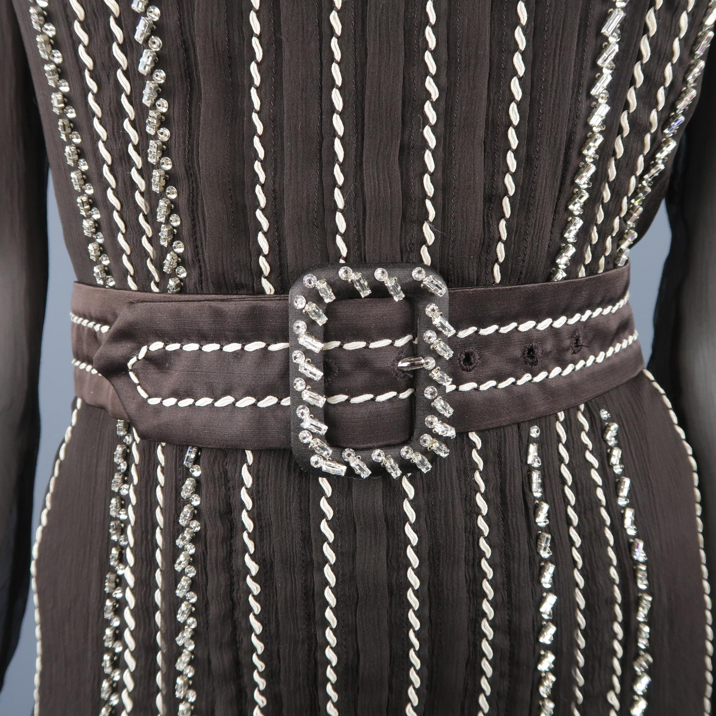Women's PRADA Size 4 Brown Silk Rhinestone Studded Contrast Stitching Cocktail Dress