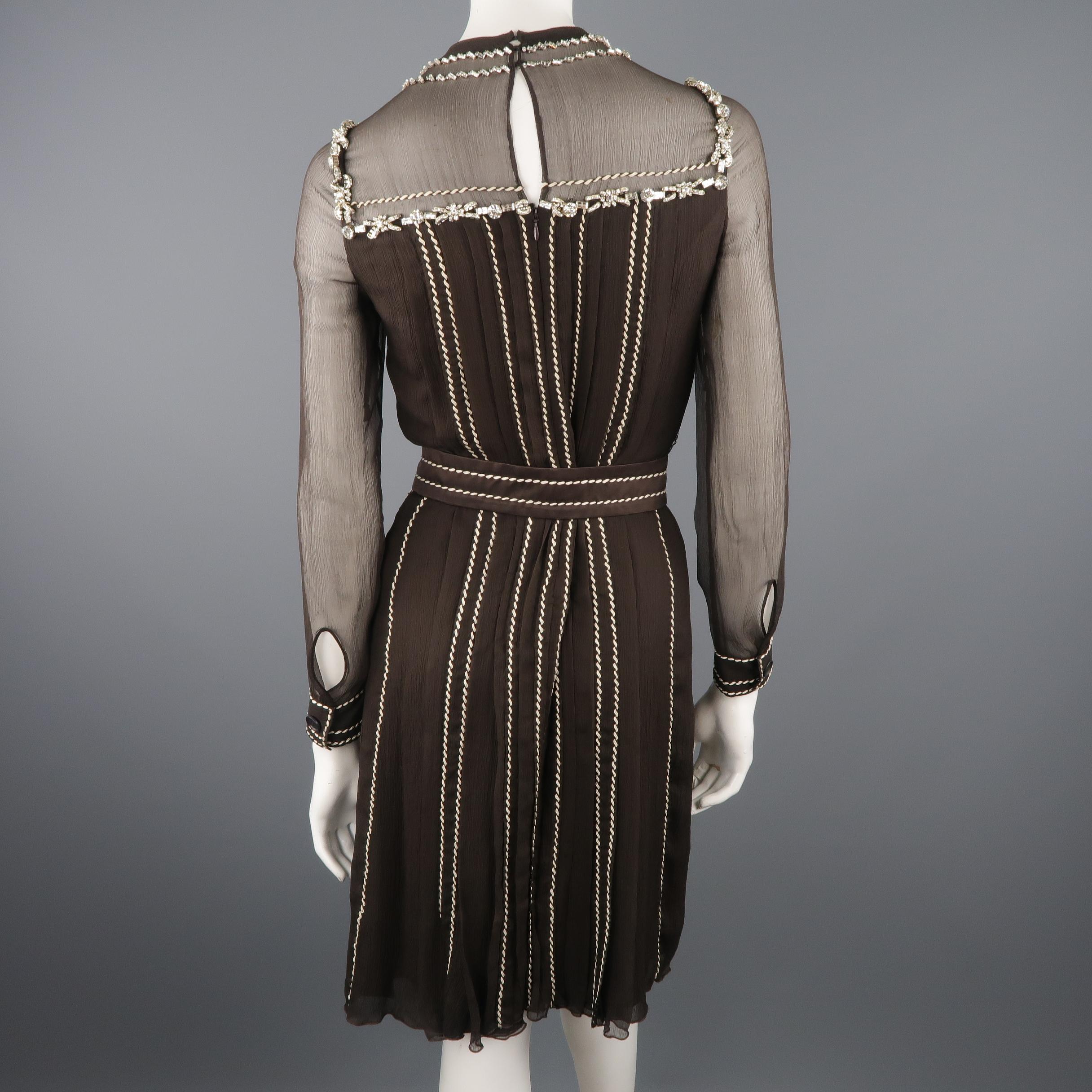PRADA Size 4 Brown Silk Rhinestone Studded Contrast Stitching Cocktail Dress 4