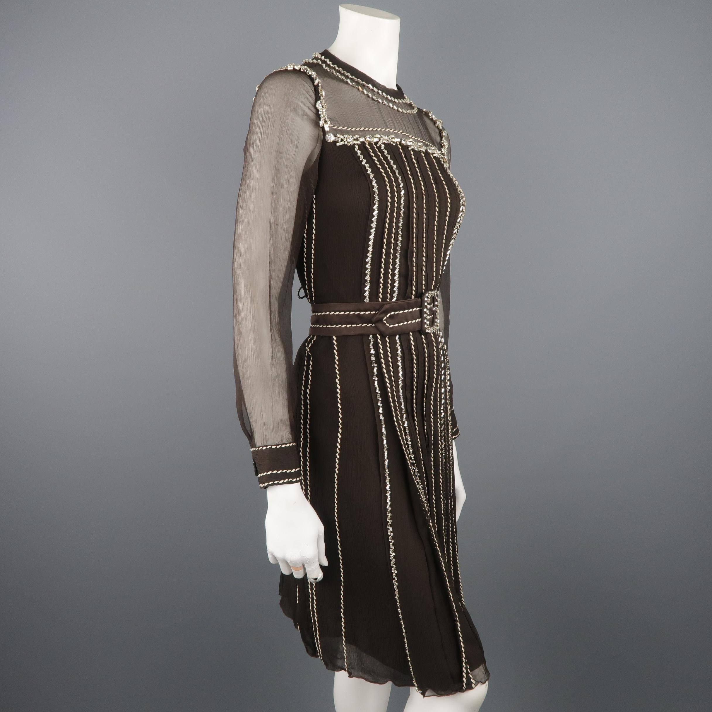 PRADA Size 4 Brown Silk Rhinestone Studded Contrast Stitching Cocktail Dress 2