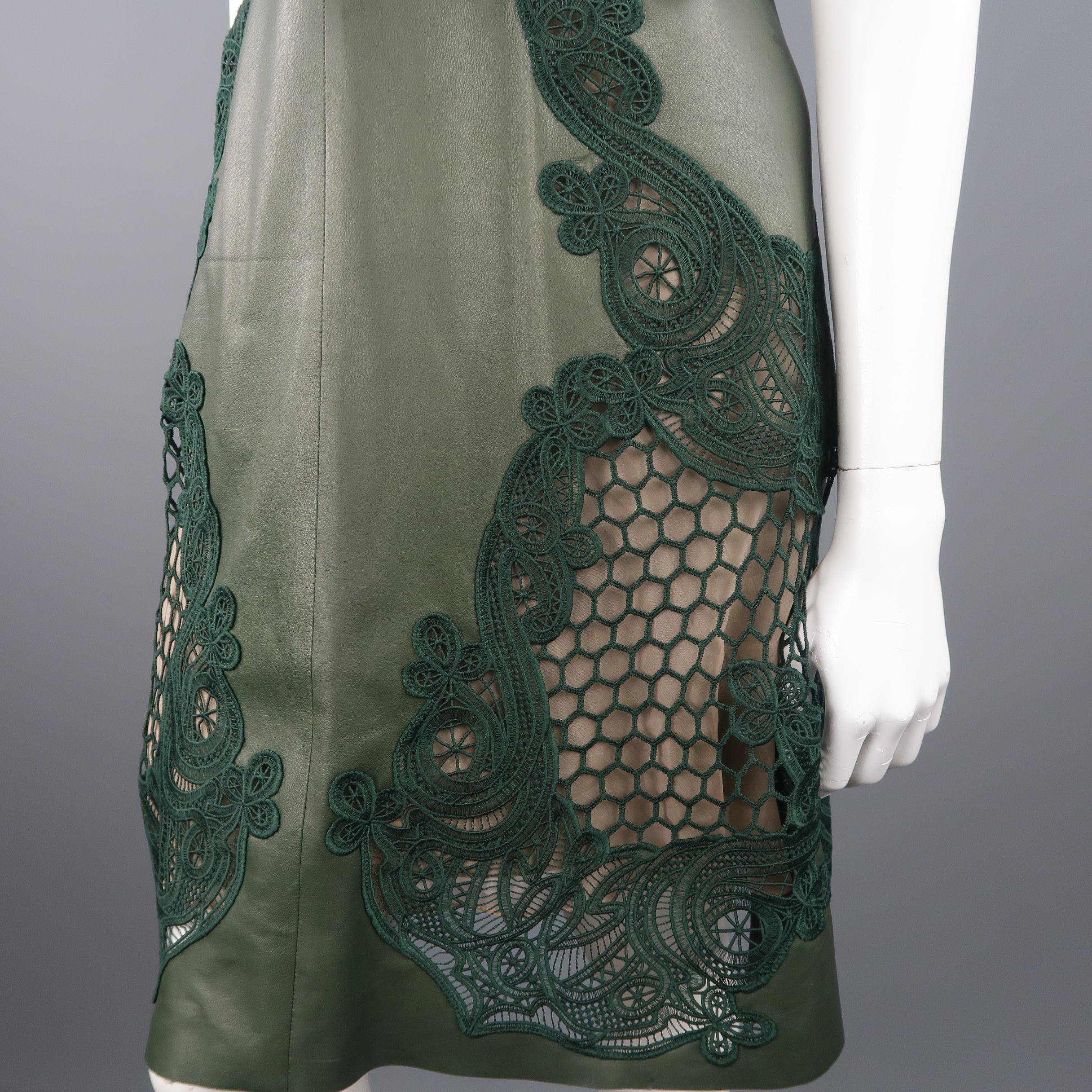 Gucci Green Leather Broderie Anglaise Cocktail Dress, Spring 2015 Runway In Excellent Condition In San Francisco, CA