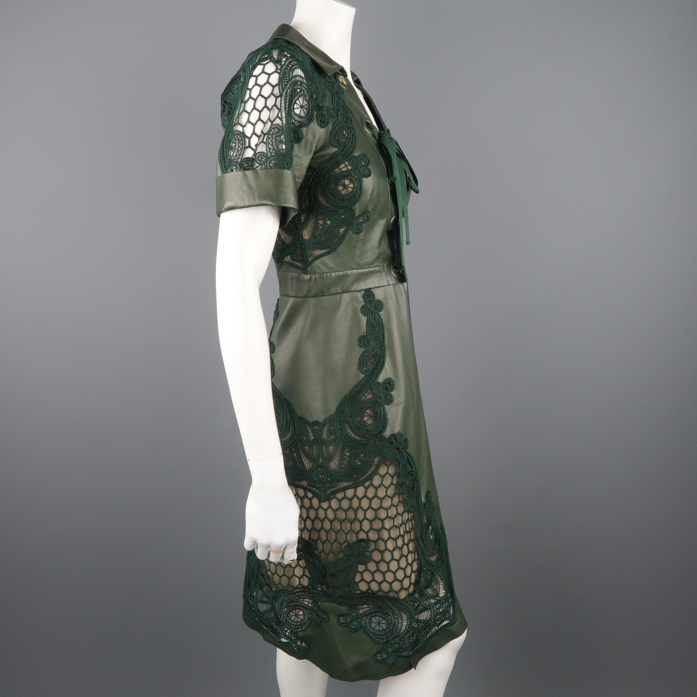 Women's Gucci Green Leather Broderie Anglaise Cocktail Dress, Spring 2015 Runway