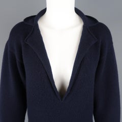 CHANEL Size 4 Navy Cashmere V Neck Lapel Mini Sweater Dress