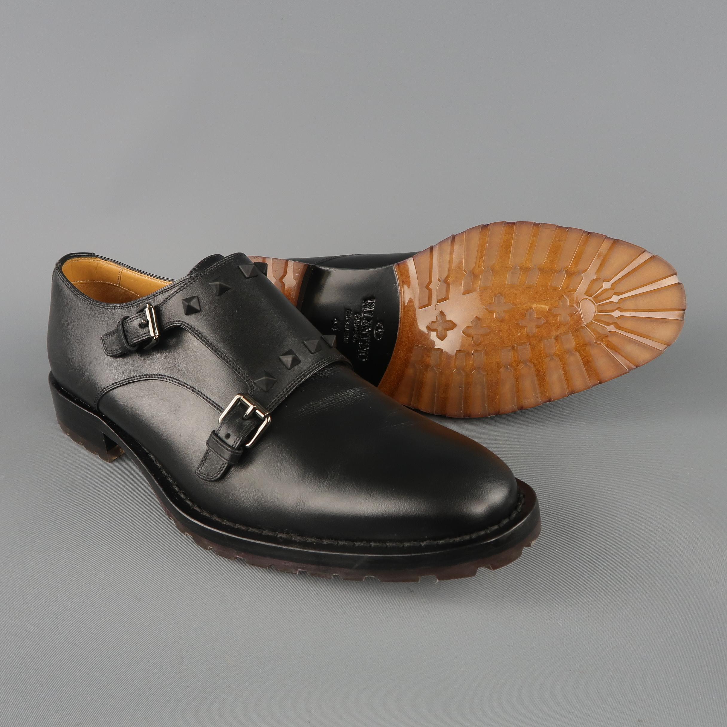 VALENTINO Size 11 Black Leather Rockstud Double Monk Strap Dress Shoes In Good Condition In San Francisco, CA