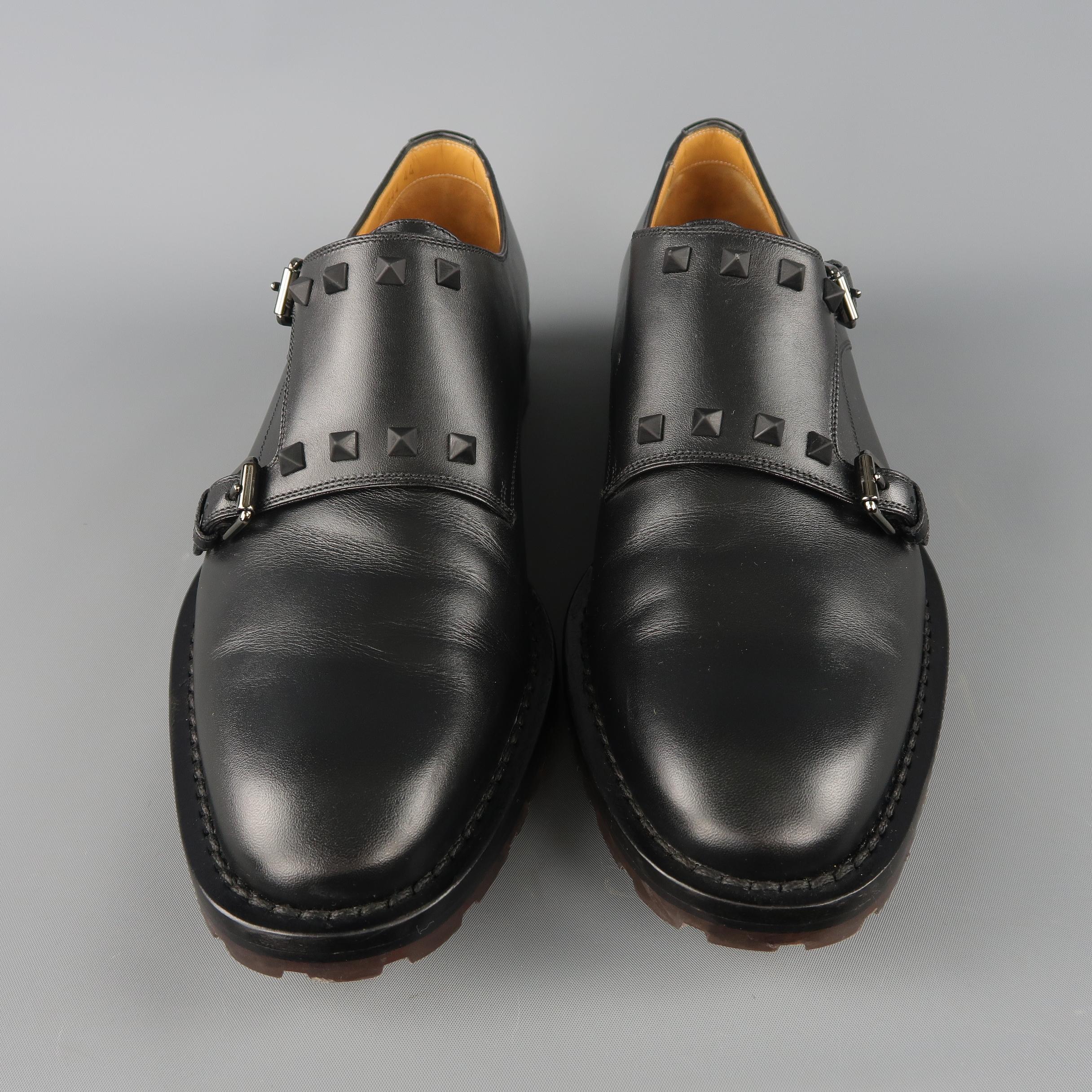 Men's VALENTINO Size 11 Black Leather Rockstud Double Monk Strap Dress Shoes