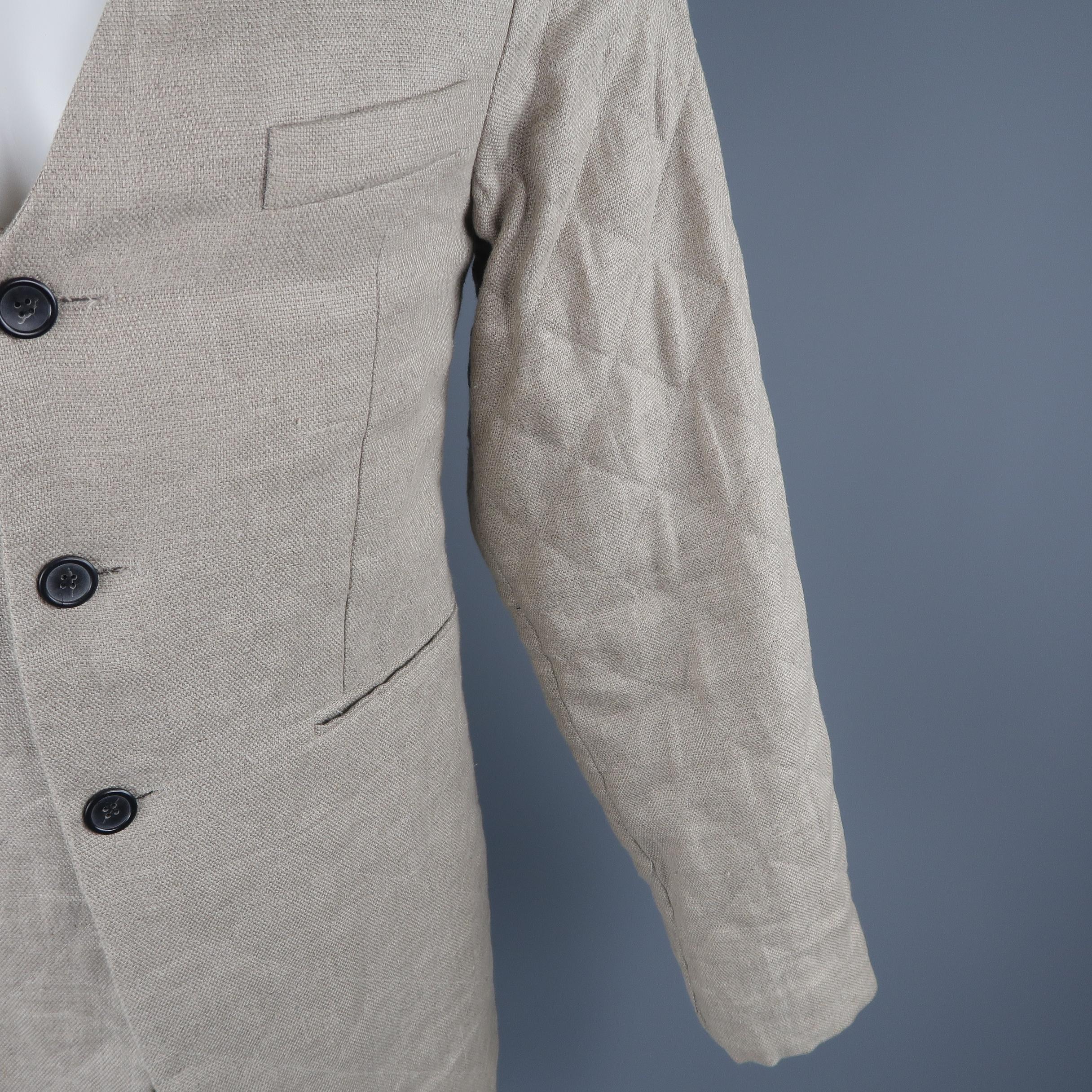RAF SIMONS 38 Beige Quilted Linen V Neck Collarless SS 2009 Sport Coat In Good Condition In San Francisco, CA