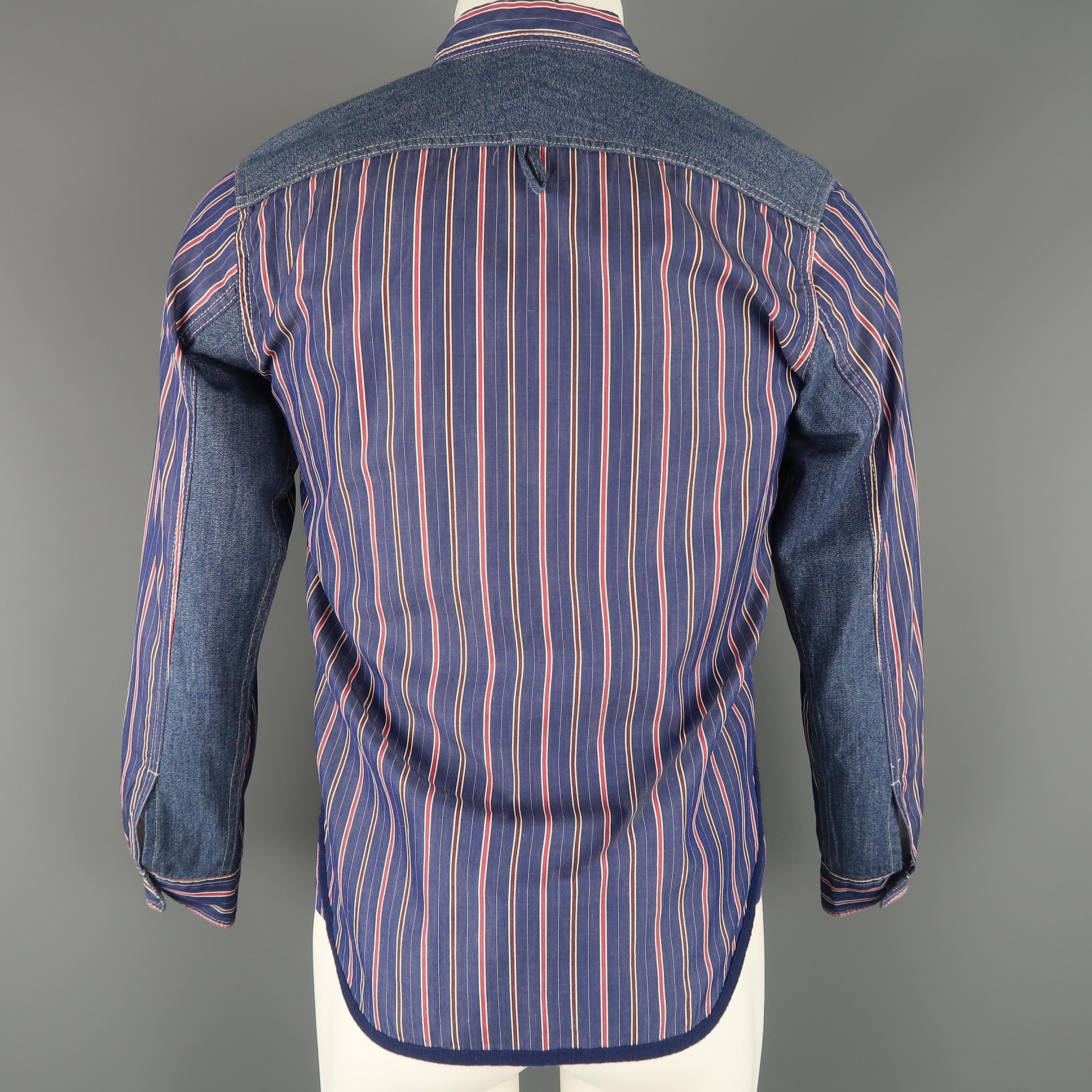 Junya Watanabe Navy and Red Stripe Cotton Denim Panel Long Sleeve Shirt 1