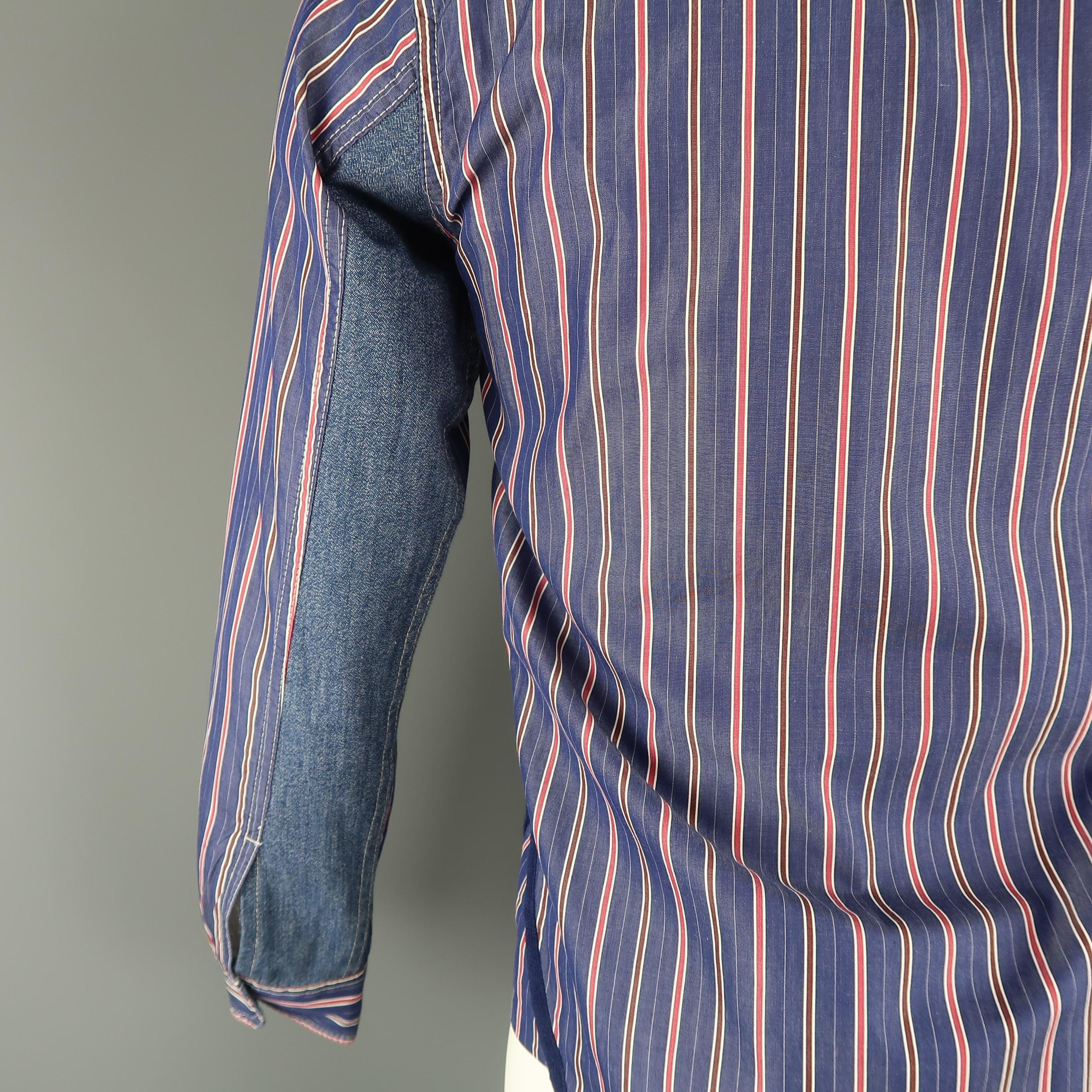 Junya Watanabe Navy and Red Stripe Cotton Denim Panel Long Sleeve Shirt 2