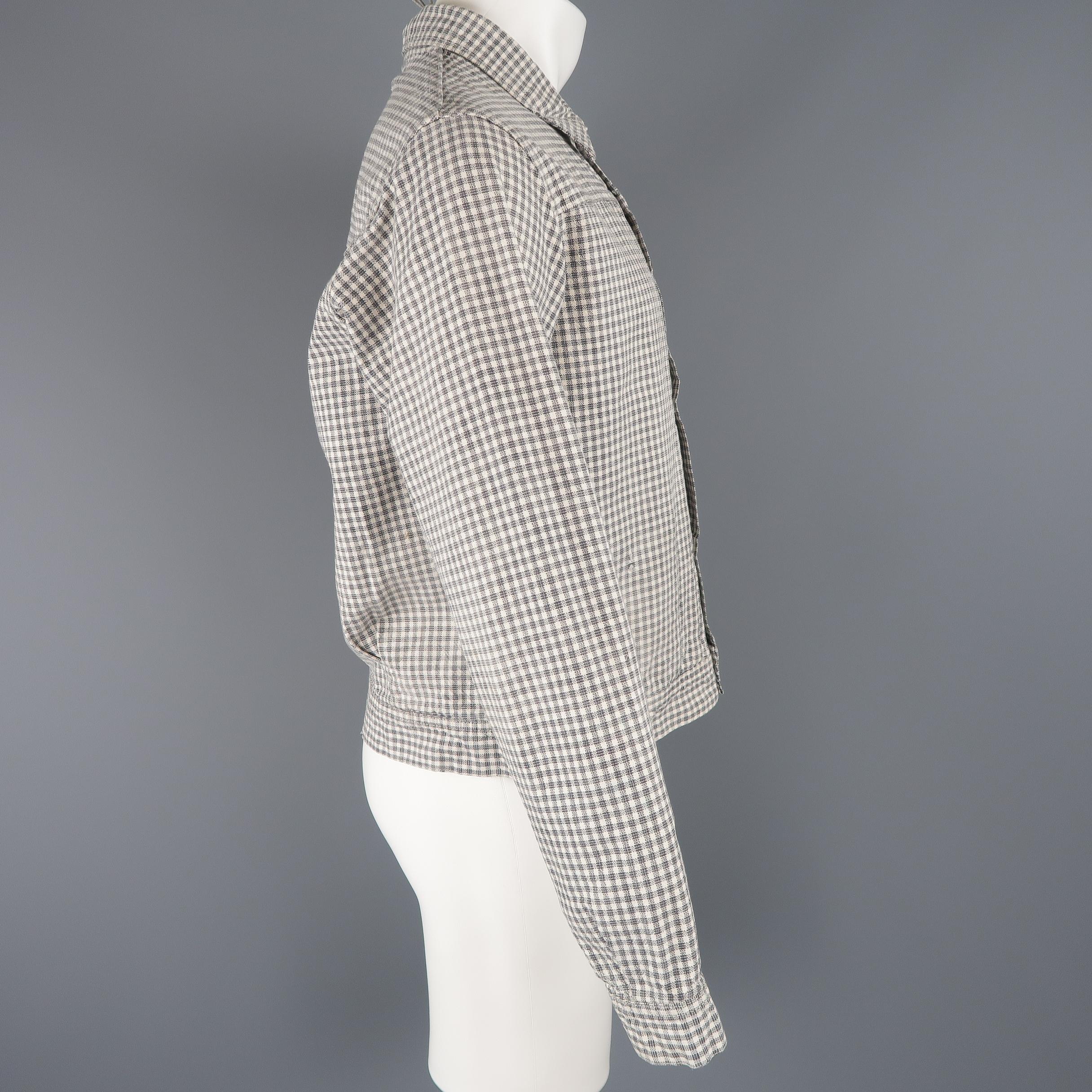Men's CHIMALA M Grey & White Checkered Distressed Cotton Trucker Jacket Coat
