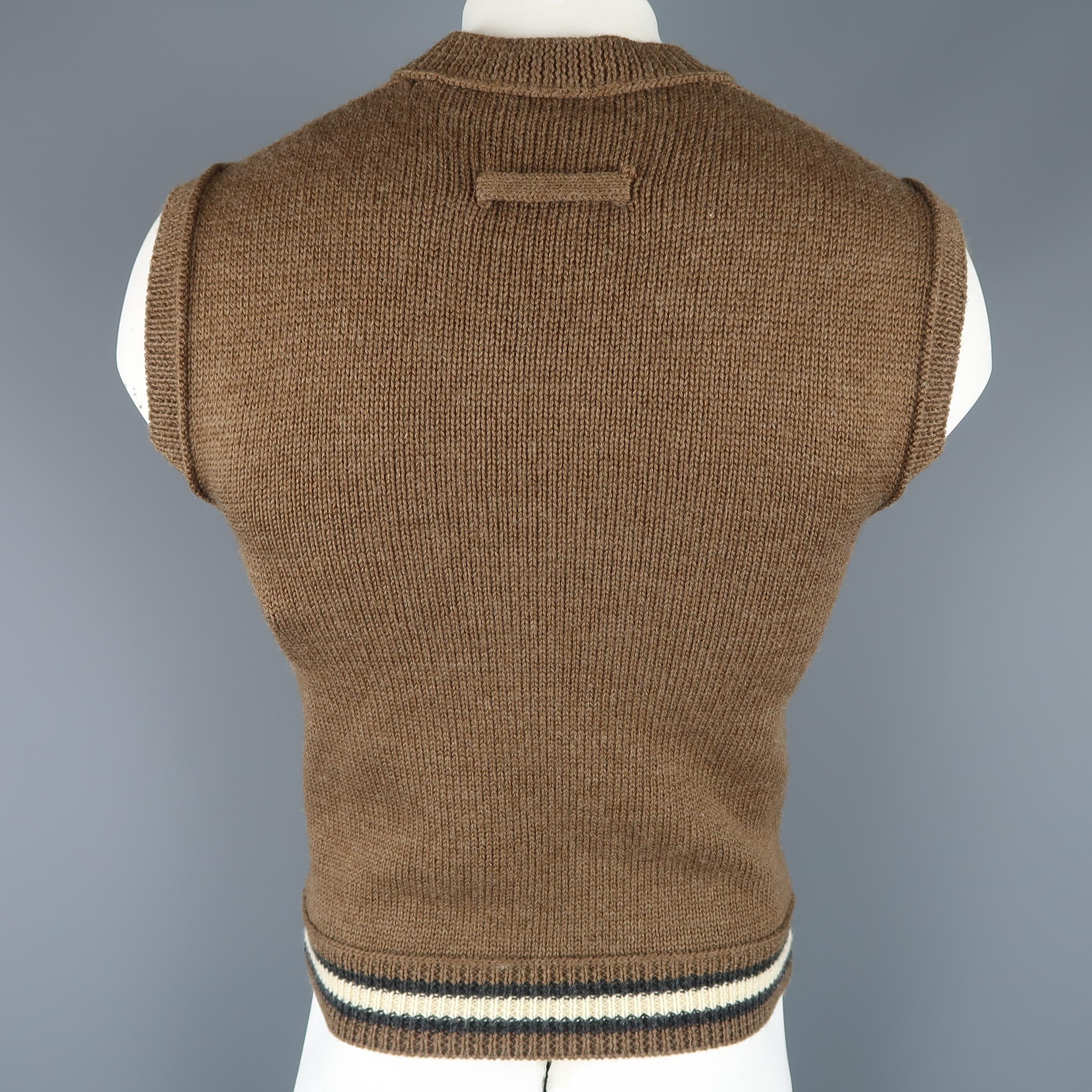 JEAN PAUL GAULTIER Size L Brown Knitted Wool V Neck Striped Waist Sweater Vest In Excellent Condition In San Francisco, CA