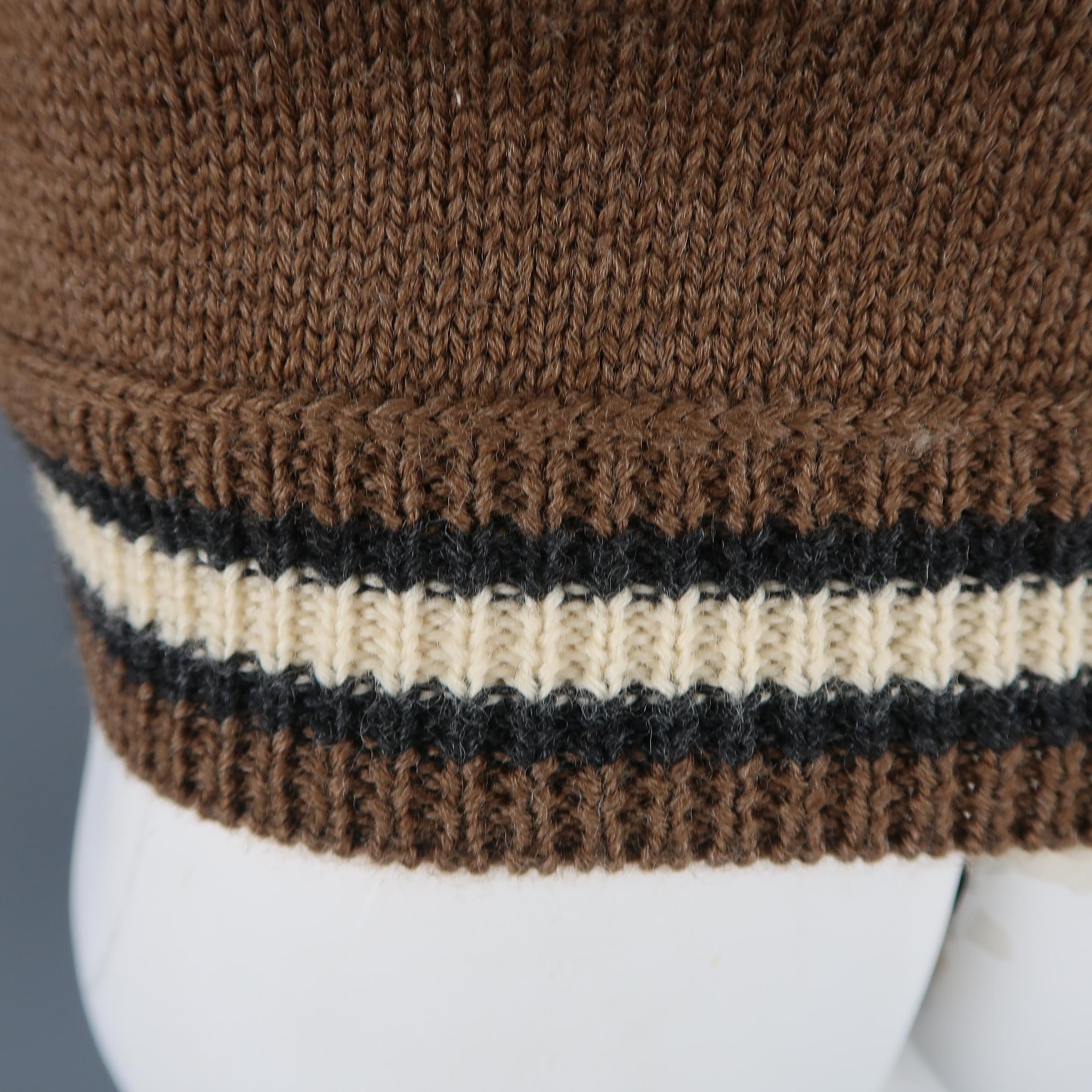 JEAN PAUL GAULTIER Size L Brown Knitted Wool V Neck Striped Waist Sweater Vest 1