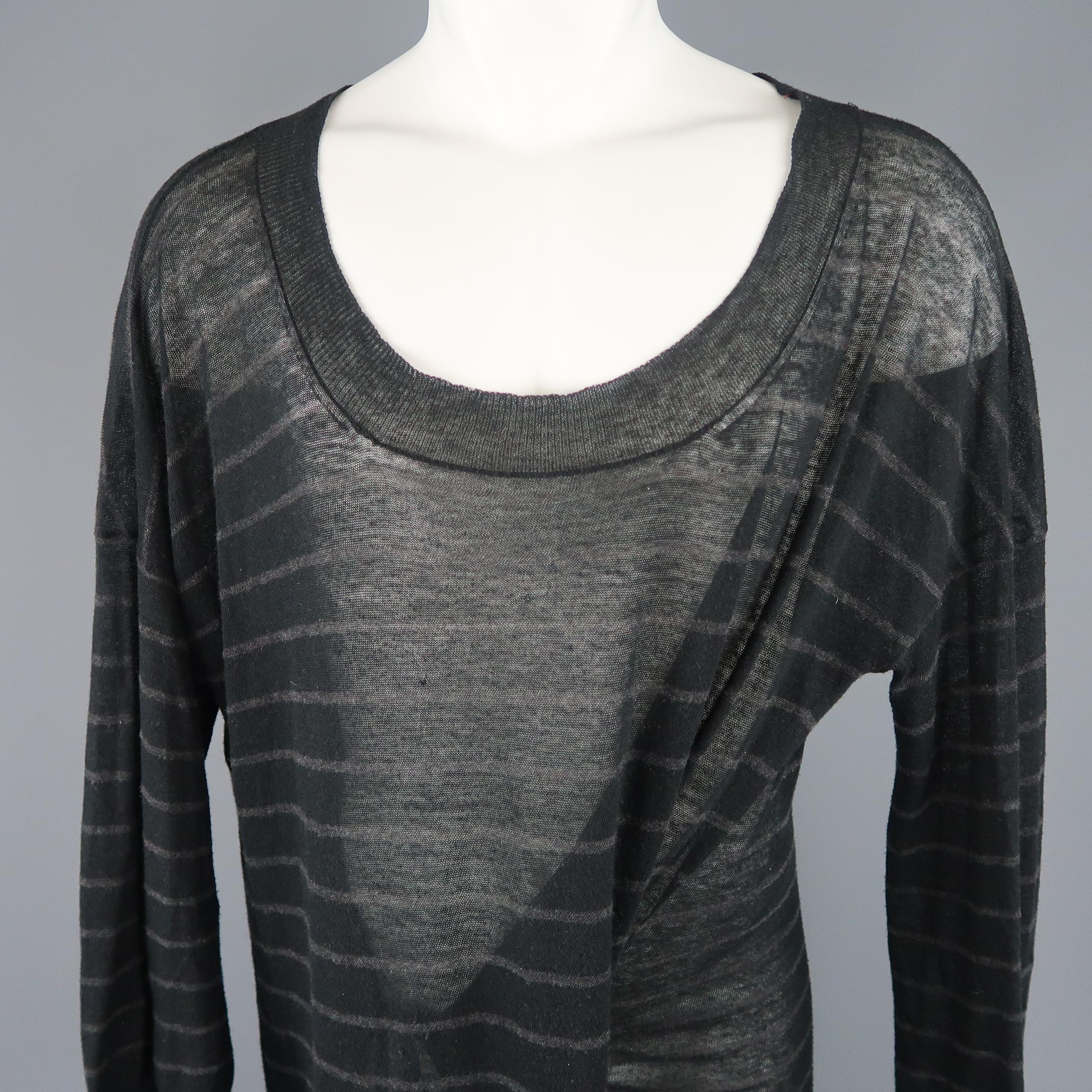 ANN DEMEULEMEESTER oversized sweater comes in a sheer cotton cashmere blend knit with gray stripe pattern, scoop neck, and internal tie detail. Made in Belgium.
 
Good Pre-Owned Condition.
Marked: 38
 
Measurements:
 
Shoulder: 32 in.
Chest: 52