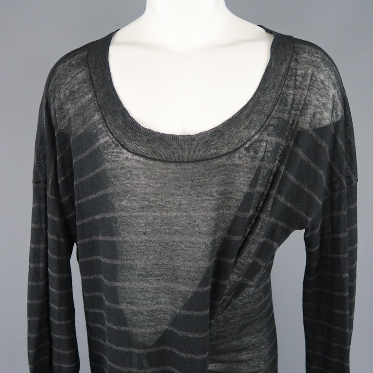 ANN DEMEULEMEESTER Black Striped Sheer Knit Oversized Tied Sweater at ...