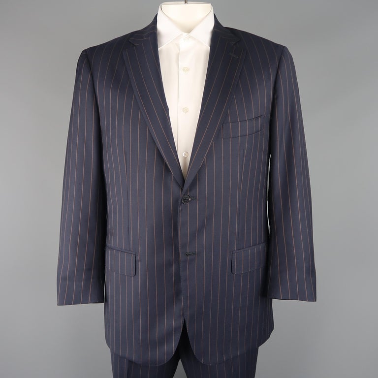 ISAIA 44 Regular Navy Striped Wool Single Breasted Notch Lapel Suit For ...