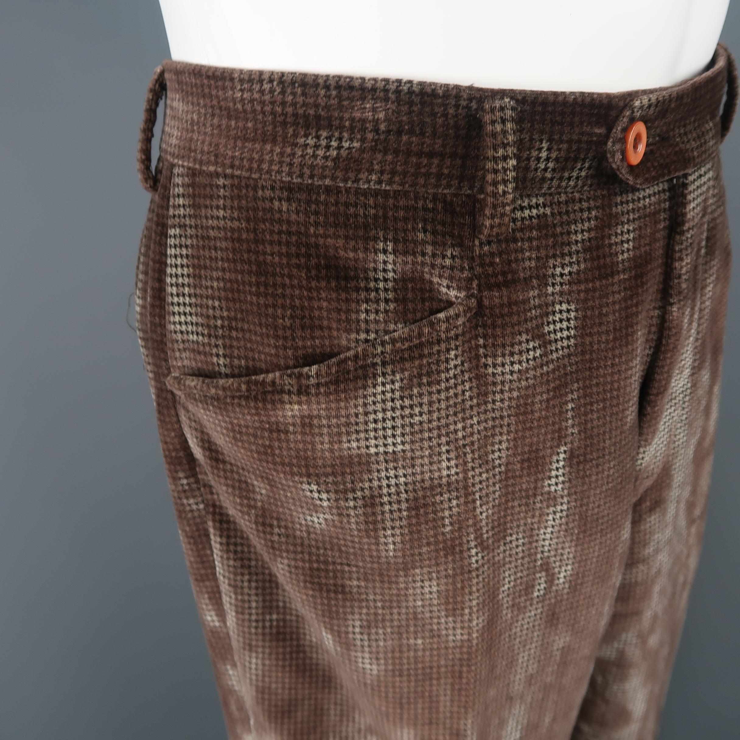 Men's ETRO Size 32 Brown Marble Effect Houndstooth Velvet Dress Pants