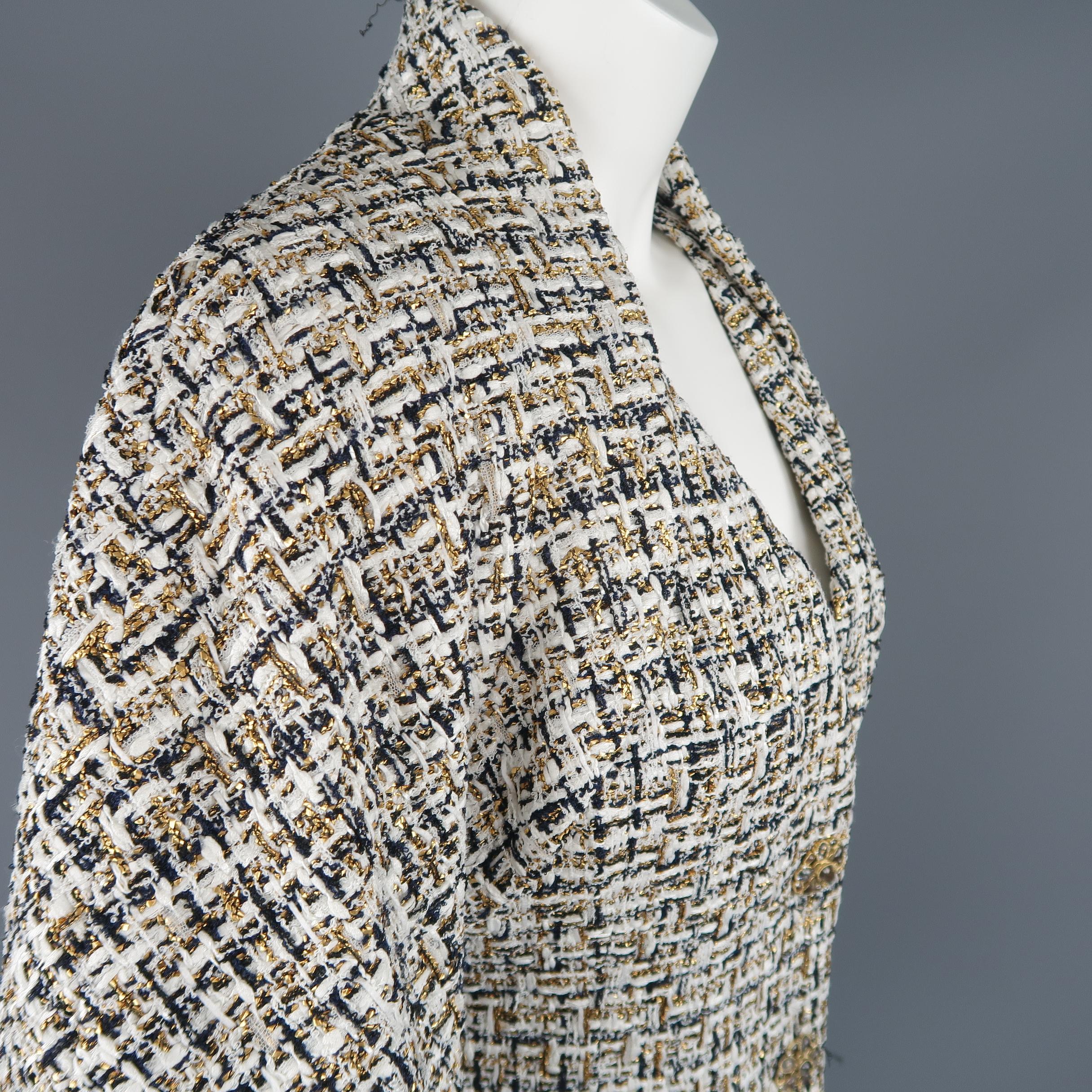 Women's Chanel Jacket White Navy and Gold Tweed Bolero Overlay Bell Sleeve Coat